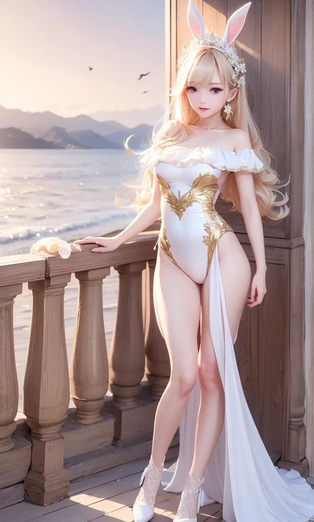 Sexy goddess,best qualityer,Snow-whiteskin,8K high quality,Sexy goddess,A pair of big eyes are beautiful and moving,Golden crown,Dressed in white tulle,The bottom is a long white tulle dress,White skin,Makeup,Red long-haired,curlies,Sexy outfit,Volt view,Look up,gold;jewely;Blue Electric,Space-time gate,Lie flat,the ocean,swell sea,lighthouse,shoreline