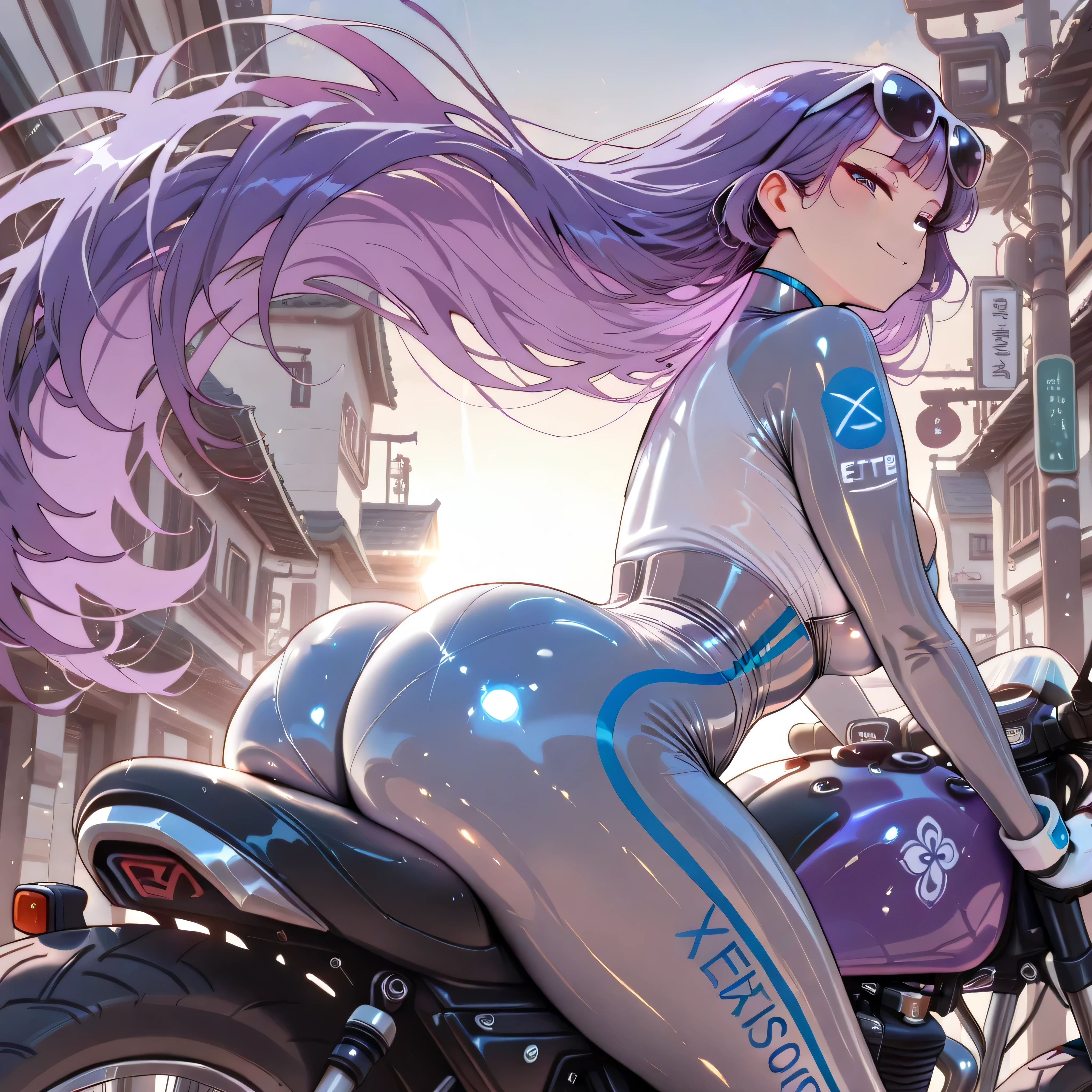 { 1 girl, ((prone on motorbike, raise ass up high)), (cowboy shot, bust shot, seen from side), daylight }, { score_9, score_8_up, score_7_up, (dramatic lighting:1.2), masterpiece, best quality, (vibrant:1), (very aesthetic:0), (high contrast:0), (realistic:0), newest, }, { (korean, 18 years old), (thick thighs, big beautiful ass :0), confident, seductive smile, shiny full body bike suit, beautiful ass, sunglasses on hair, ((extemely long)) violet hair, windy, }