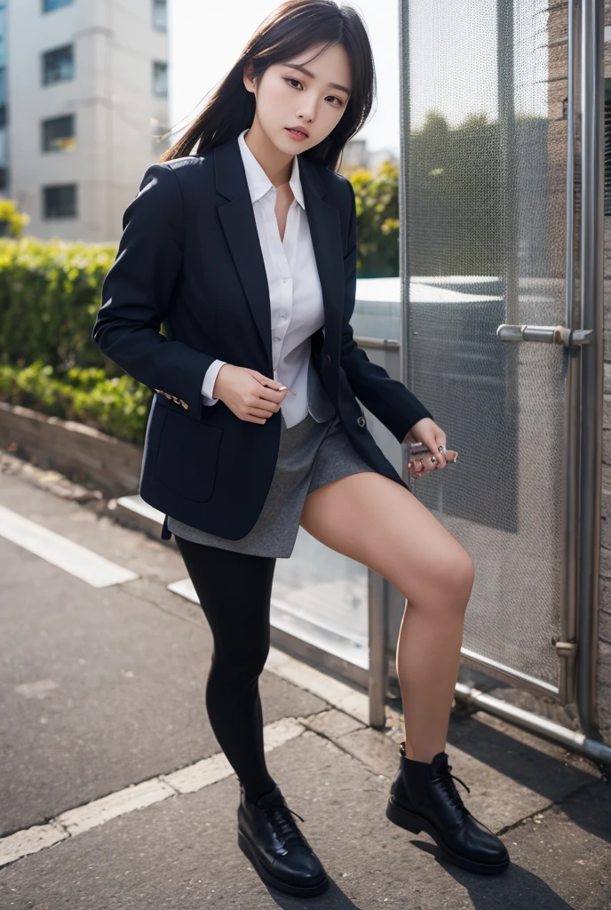 (RAW Photos, Highest quality), (Realistic, photoRealistic: 1.3), Highest quality, masterpiece, Very delicate and beautiful, Detailed CG, Unity, 8k wallpaper, wonderful fine, The finer details, masterpiece, Highest quality, highly Beautiful Eyes and face, beautiful Beautiful Eyes, Face Light, beautiful Beautiful Eyes, beautiful Beautiful Eyes, Looking at the audience, (Highest quality, 8k, 32K, masterpiece, Ultra-high resolution: 1.2), Cute Japanese Women Photos, Beautiful double eyelids, Highly detailed face, Beautiful Eyes, wonderful, double eyelid, The most beautiful face in the world, Long Hair, big, Suit attire, Artwork, Black jacket, too short black skirt, Tight clothing, Tight clothing, Tokyo Background, sexy, Stiletto heels, Camel Toe, whole body, Thighs, barefoot, Spread your legs wide