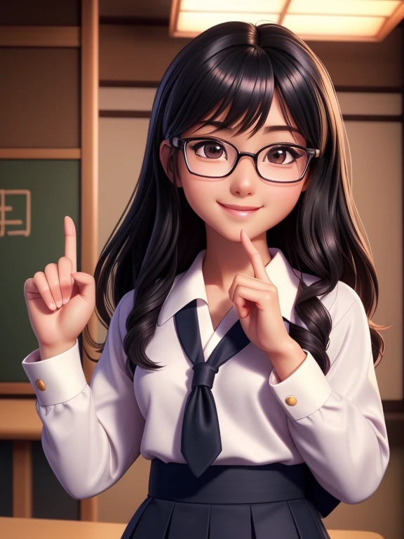 A girl with glasses with a round face in a high ponytail,Wearing a white sweatshirt, the letters CHINA on a black background are written in white on the chest,white skinned,Pursing his lips and smiling at the camera in a selfie, behind him is the desk,The desks were full of books, and there were laughing and joking classmates next to them --auto