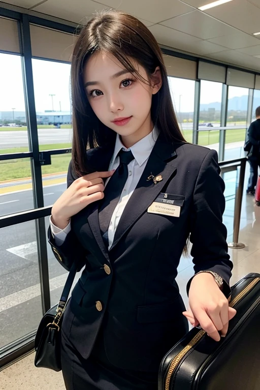 ​highest quality、8k、best image quality、Award-winning work), two beautiful women、1 women, radiant beautiful skin , masterpiece、top-quality、The ultra -The high-definition、depth of fields、lens flare 、brown hair, watching at viewers glares, large breasts , cabin crew uniform, short   skirt, (black high heels), perfect legs, model pose, view from below, smiling , flight cabin, pantyhose 
