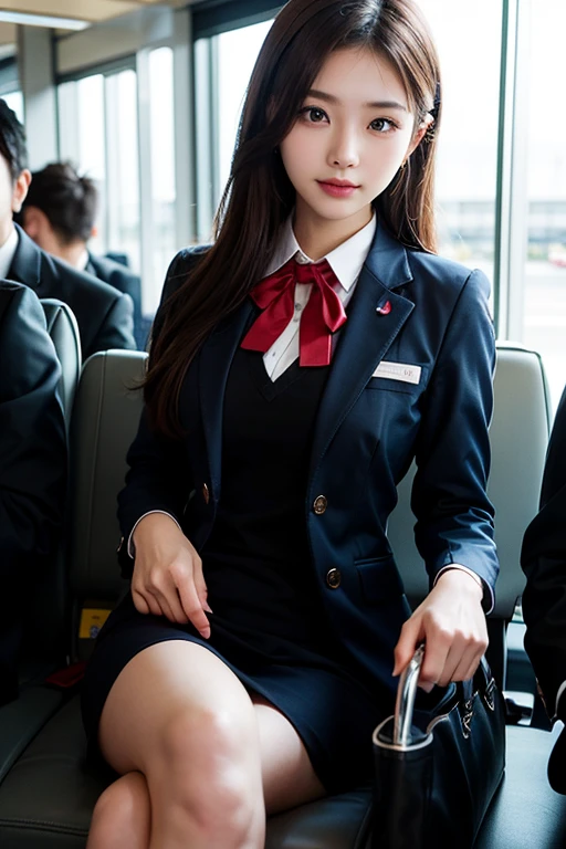 masuterpiece, , top quality, perfect body, delicate facial details, facial details, full body, 56-year-old Korean woman, solo、、, rough breath, crying and shy expression, open mouth languidly, red eyes, drooping eyes, golden hair, ponytail, pretty girl, (big, ,,: 1.3), ((blazer uniform: 1.3)), (panties bitten in the crotch, Panties bitten in the crotch, crotch line), curvaceous legs, (crotch wet, liquid flows out from the inside of the crotch: 1.3), ((lots of wet panties, soaked panties)), boudoir, lighting, sitting in a crowded bus, (legs spread wide)