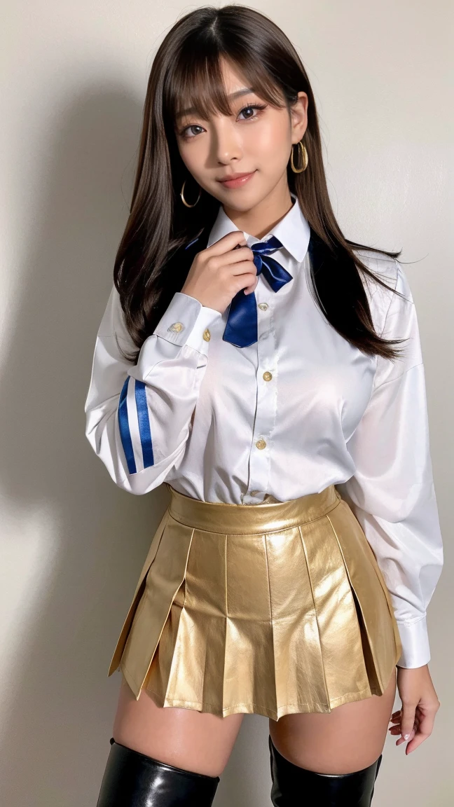 Cute Teen Idol Girl、whole body、Good style、、、、、、、、、、Thick legs、Shiny Uniform(Shiny Pink、shiny orange、gold、、)、、Cool girl face、、Metallic Belt