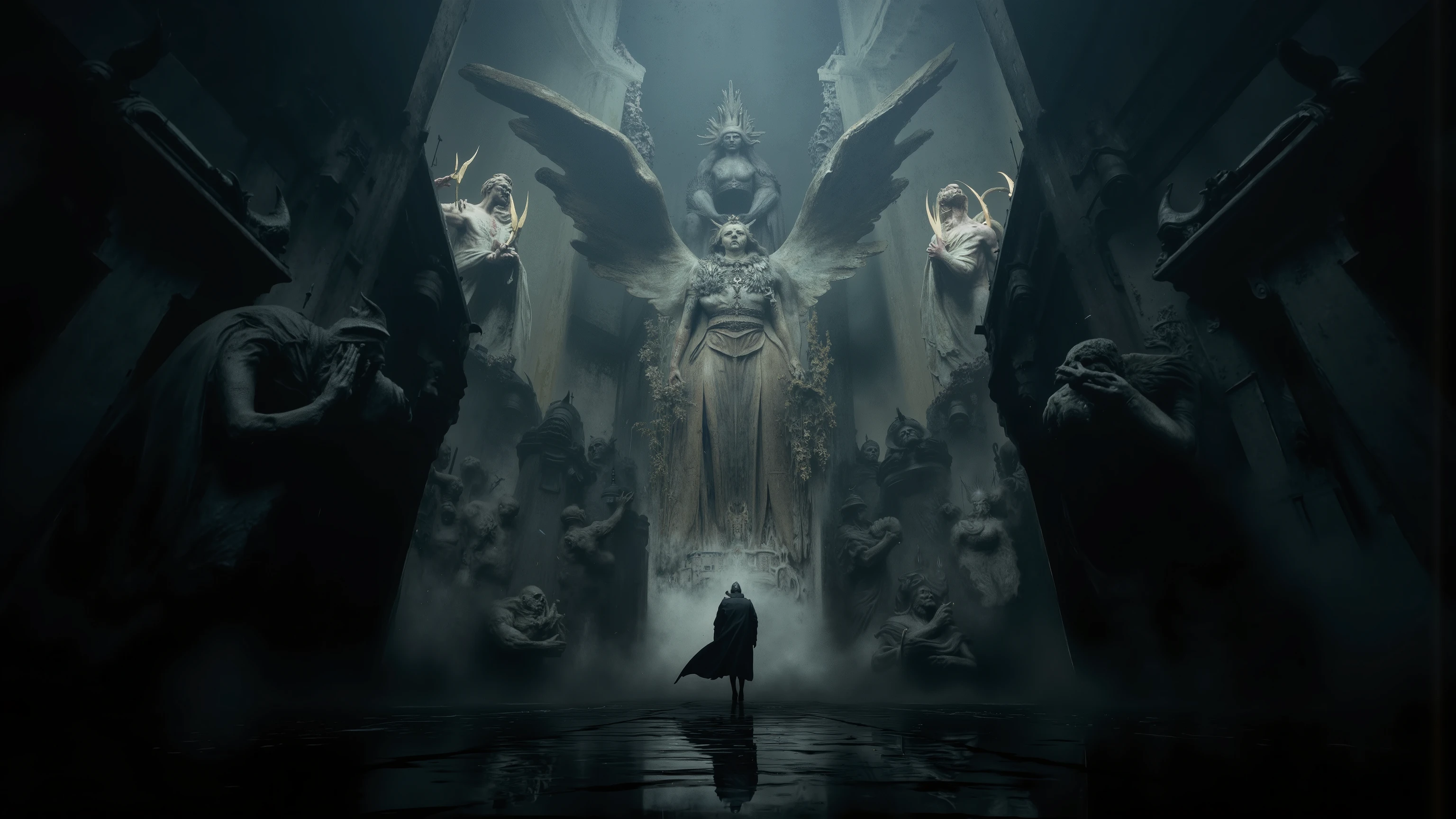 On a mysterious , is illuminated by the sky from an unseen source, There is a wall ,The mural on the wall depicts a lonely silhouette standing in the center, Surrounded by huge, ornate, winged figures. surrounded by intricate buildings,Reminiscent of an otherworldly cathedral, The atmosphere is both awe-inspiring and ominous. x} These stately figures hold radiant luminous symbols in their hands,,on the body creates a sense of depth and perspective, Dark Tones,Film composition ,Wide-angle composition,Movie lighting ,Art by Piotr Jabłońsrk4RT,Billie Eilish