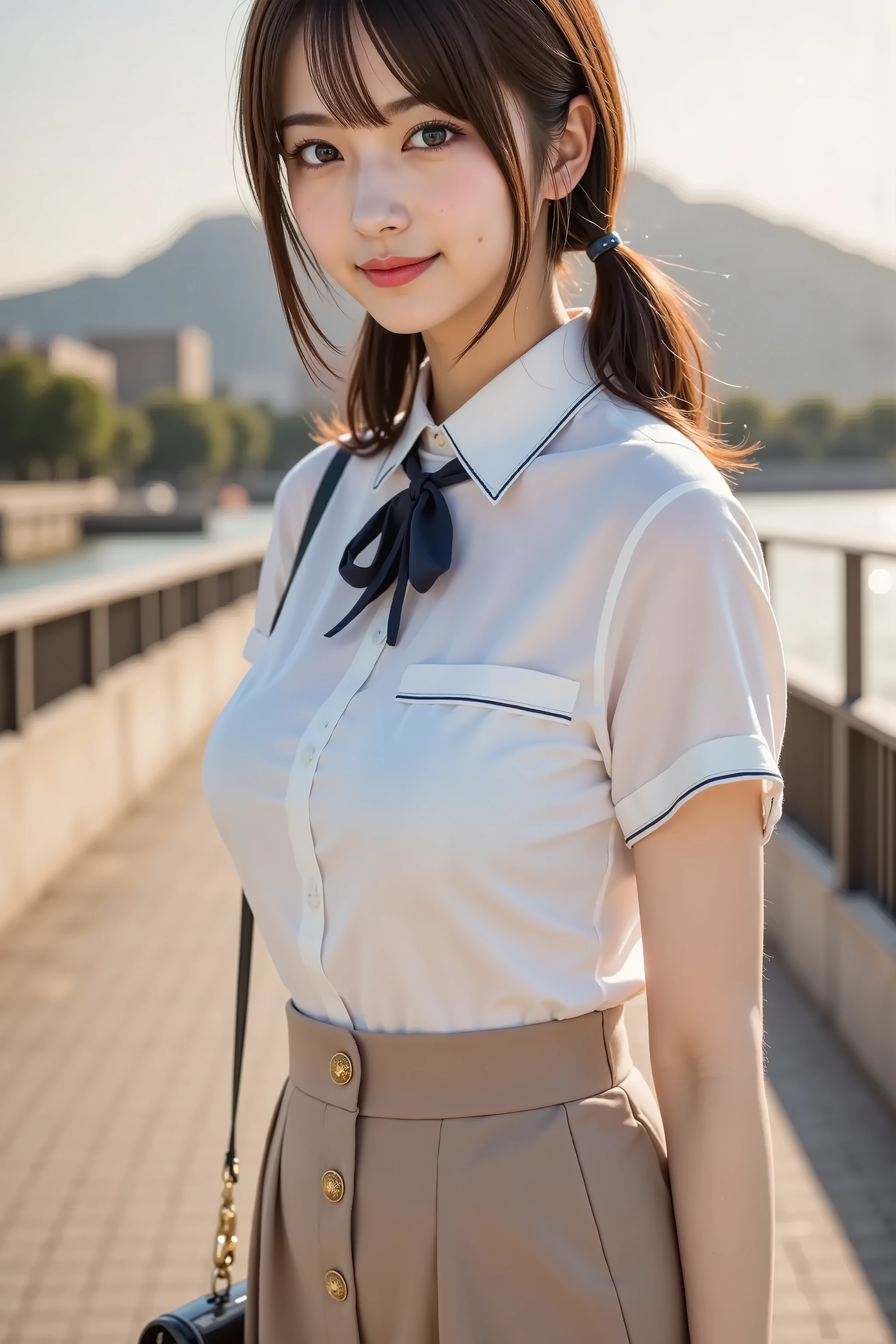 sakura, huge breast, by adjusting the framing so the subject's full head is visible within the composition, with the crop showing only from just above the bust to slightly above the top of the head. Ensure there is a comfortable amount of background space above the head to establish spatial context. A polished and charming school-inspired outfit composed of a short-sleeved, crisp white blouse paired with a flared skirt. The blouse features a button-down front with thin navy piping along the placket and sleeves, adding sharp definition to the soft look. The cotton fabric has a smooth, lightly structured texture that holds its shape, creating clean lines. A large navy ribbon is tied at the collar, forming a neat bow that adds contrast against the pale fabric. The blouse is tucked into a high-waisted khaki skirt that flares into pressed pleats. The skirt has a matte finish and firm structure, allowing the folds to retain their crisp angles. Two vertical rows of brass buttons run along the front, reinforcing the uniform-like theme. The waist is cinched, emphasizing the silhouette created by the fitted blouse and skirt. A slim black crossbody bag with a glossy leather finish hangs from her shoulder, its surface catching the light. Her hair is styled into twin ponytails, secured with small ties. Loose strands frame her face, shaped by the breeze. The background depicts a riverside promenade during sunset. Warm golden light glints off the calm water and nearby stone tiles. Modern buildings line the opposite bank, silhouetted by the fading light. In the distance, tree-covered mountains rise into a sky painted with tones of peach, lavender, and blue. The walkway is paved with pale stone and bordered by short rails. Long shadows stretch forward, adding depth and a sense of time. A gentle breeze is suggested by ripples on the river and the soft flutter of her outfit. The setting blends natural light, still water, and simple architecture, reinforcing a peaceful, early evening m