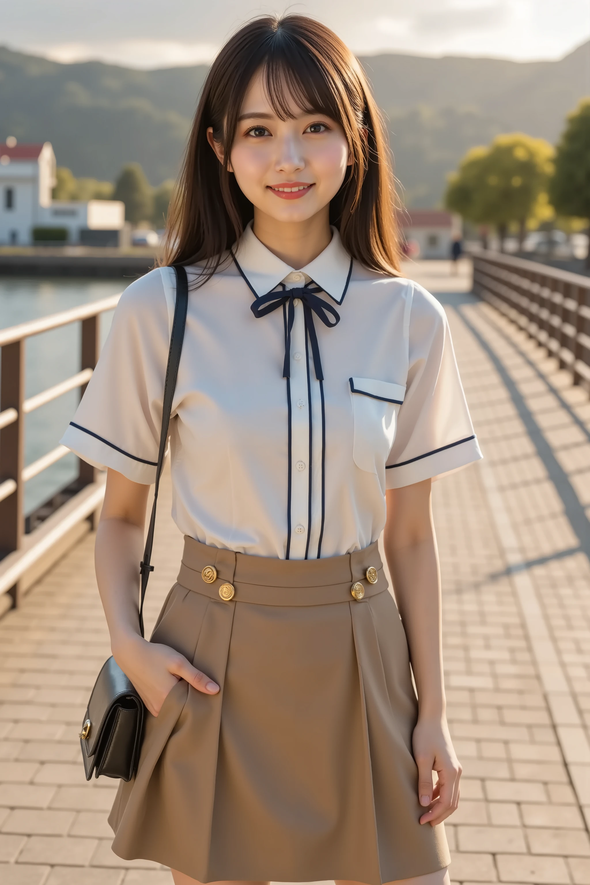 firm breast, by adjusting the framing so the subject's full head is visible within the composition, with the crop showing only from just above the bust to slightly above the top of the head. Ensure there is a comfortable amount of background space above the head to establish spatial context. A polished and charming school-inspired outfit composed of a short-sleeved, crisp white blouse paired with a flared skirt. The blouse features a button-down front with thin navy piping along the placket and sleeves, adding sharp definition to the soft look. The cotton fabric has a smooth, lightly structured texture that holds its shape, creating clean lines. A large navy ribbon is tied at the collar, forming a neat bow that adds contrast against the pale fabric. The blouse is tucked into a high-waisted khaki skirt that flares into pressed pleats. The skirt has a matte finish and firm structure, allowing the folds to retain their crisp angles. Two vertical rows of brass buttons run along the front, reinforcing the uniform-like theme. The waist is cinched, emphasizing the silhouette created by the fitted blouse and skirt. A slim black crossbody bag with a glossy leather finish hangs from her shoulder, its surface catching the light. Her hair is styled into twin ponytails, secured with small ties. Loose strands frame her face, shaped by the breeze. The background depicts a riverside promenade during sunset. Warm golden light glints off the calm water and nearby stone tiles. Modern buildings line the opposite bank, silhouetted by the fading light. In the distance, tree-covered mountains rise into a sky painted with tones of peach, lavender, and blue. The walkway is paved with pale stone and bordered by short rails. Long shadows stretch forward, adding depth and a sense of time. A gentle breeze is suggested by ripples on the river and the soft flutter of her outfit. The setting blends natural light, still water, and simple architecture, reinforcing a peaceful, early evening mood.