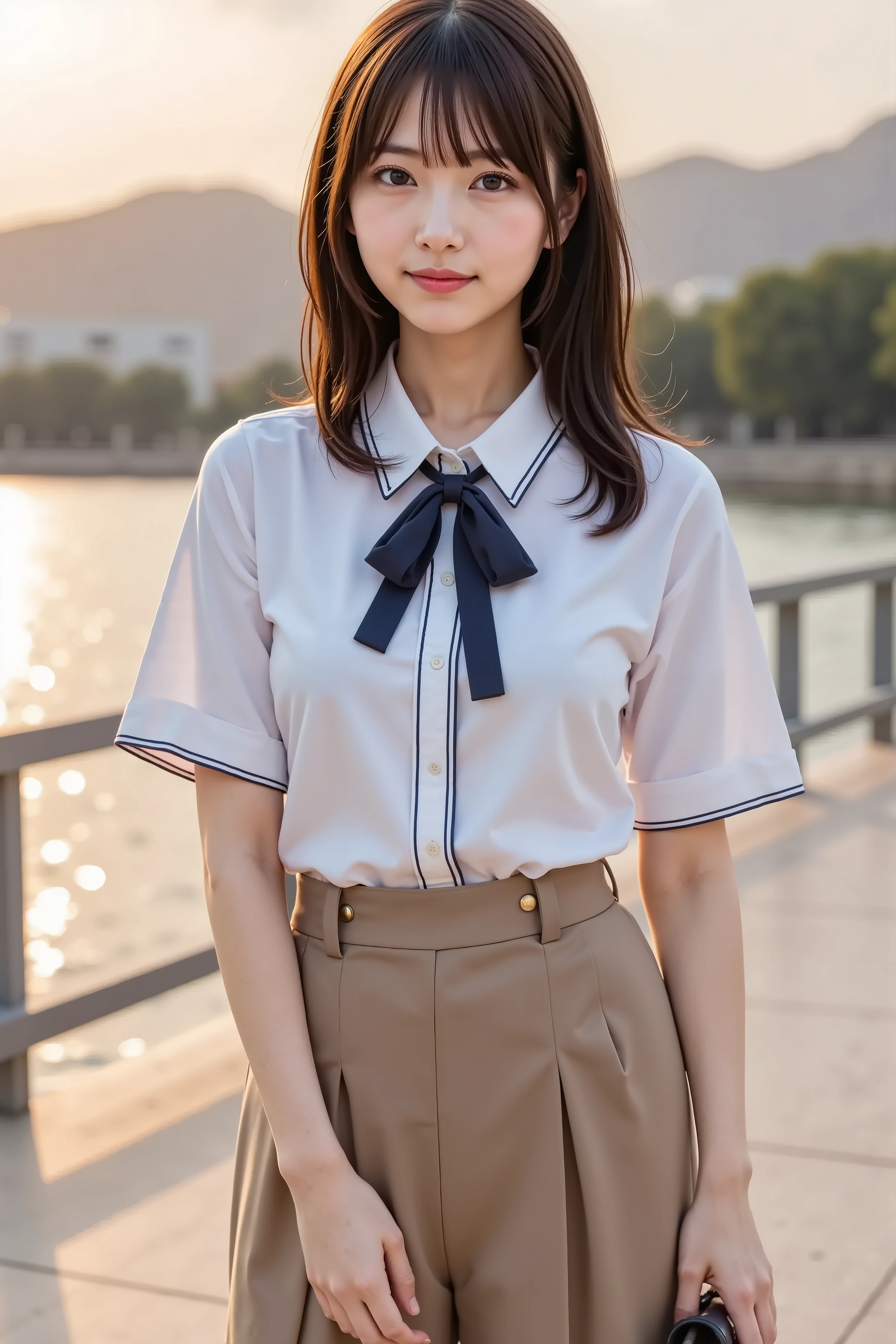chihiro, firm breast, by adjusting the framing so the subject's full head is visible within the composition, with the crop showing only from just above the bust to slightly above the top of the head. Ensure there is a comfortable amount of background space above the head to establish spatial context. A polished and charming school-inspired outfit composed of a short-sleeved, crisp white blouse paired with a flared skirt. The blouse features a button-down front with thin navy piping along the placket and sleeves, adding sharp definition to the soft look. The cotton fabric has a smooth, lightly structured texture that holds its shape, creating clean lines. A large navy ribbon is tied at the collar, forming a neat bow that adds contrast against the pale fabric. The blouse is tucked into a high-waisted khaki skirt that flares into pressed pleats. The skirt has a matte finish and firm structure, allowing the folds to retain their crisp angles. Two vertical rows of brass buttons run along the front, reinforcing the uniform-like theme. The waist is cinched, emphasizing the silhouette created by the fitted blouse and skirt. A slim black crossbody bag with a glossy leather finish hangs from her shoulder, its surface catching the light. Her hair is styled into twin ponytails, secured with small ties. Loose strands frame her face, shaped by the breeze. The background depicts a riverside promenade during sunset. Warm golden light glints off the calm water and nearby stone tiles. Modern buildings line the opposite bank, silhouetted by the fading light. In the distance, tree-covered mountains rise into a sky painted with tones of peach, lavender, and blue. The walkway is paved with pale stone and bordered by short rails. Long shadows stretch forward, adding depth and a sense of time. A gentle breeze is suggested by ripples on the river and the soft flutter of her outfit. The setting blends natural light, still water, and simple architecture, reinforcing a peaceful, early evening