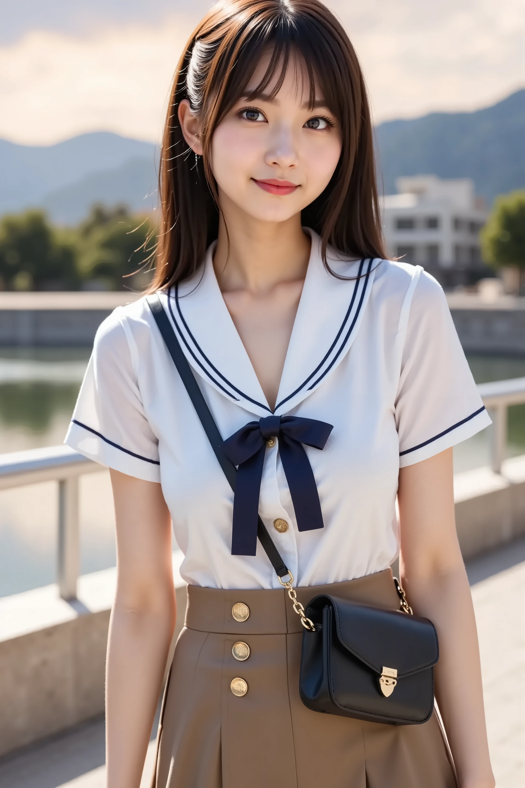 misaki, huge breast, by adjusting the framing so the subject's full head is visible within the composition, with the crop showing only from just above the bust to slightly above the top of the head. Ensure there is a comfortable amount of background space above the head to establish spatial context. A polished and charming school-inspired outfit composed of a short-sleeved, crisp white blouse paired with a flared skirt. The blouse features a button-down front with thin navy piping along the placket and sleeves, adding sharp definition to the soft look. The cotton fabric has a smooth, lightly structured texture that holds its shape, creating clean lines. A large navy ribbon is tied at the collar, forming a neat bow that adds contrast against the pale fabric. The blouse is tucked into a high-waisted khaki skirt that flares into pressed pleats. The skirt has a matte finish and firm structure, allowing the folds to retain their crisp angles. Two vertical rows of brass buttons run along the front, reinforcing the uniform-like theme. The waist is cinched, emphasizing the silhouette created by the fitted blouse and skirt. A slim black crossbody bag with a glossy leather finish hangs from her shoulder, its surface catching the light. Her hair is styled into twin ponytails, secured with small ties. Loose strands frame her face, shaped by the breeze. The background depicts a riverside promenade during sunset. Warm golden light glints off the calm water and nearby stone tiles. Modern buildings line the opposite bank, silhouetted by the fading light. In the distance, tree-covered mountains rise into a sky painted with tones of peach, lavender, and blue. The walkway is paved with pale stone and bordered by short rails. Long shadows stretch forward, adding depth and a sense of time. A gentle breeze is suggested by ripples on the river and the soft flutter of her outfit. The setting blends natural light, still water, and simple architecture, reinforcing a peaceful, early evening m
