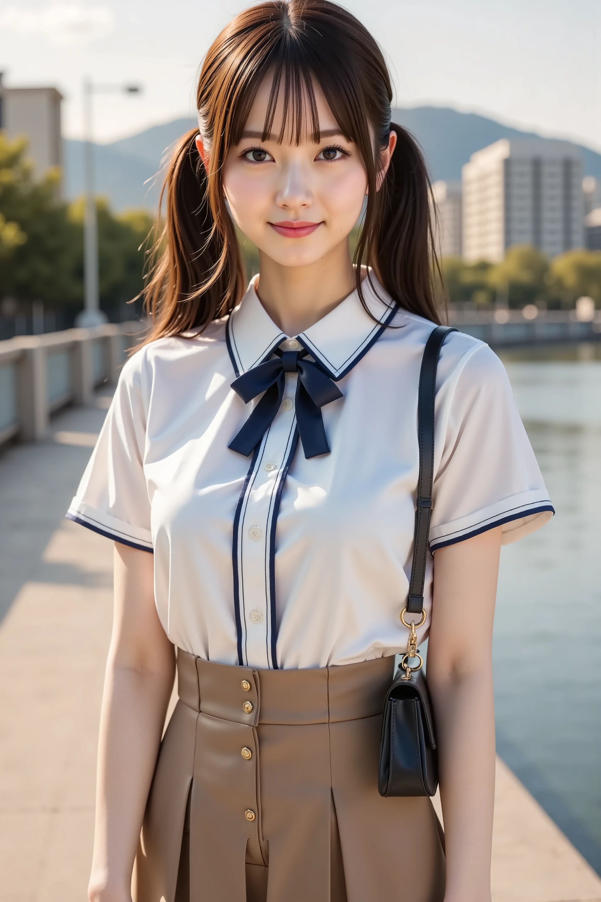haruka, firm breast, by adjusting the framing so the subject's full head is visible within the composition, with the crop showing only from just above the bust to slightly above the top of the head. Ensure there is a comfortable amount of background space above the head to establish spatial context. A polished and charming school-inspired outfit composed of a short-sleeved, crisp white blouse paired with a flared skirt. The blouse features a button-down front with thin navy piping along the placket and sleeves, adding sharp definition to the soft look. The cotton fabric has a smooth, lightly structured texture that holds its shape, creating clean lines. A large navy ribbon is tied at the collar, forming a neat bow that adds contrast against the pale fabric. The blouse is tucked into a high-waisted khaki skirt that flares into pressed pleats. The skirt has a matte finish and firm structure, allowing the folds to retain their crisp angles. Two vertical rows of brass buttons run along the front, reinforcing the uniform-like theme. The waist is cinched, emphasizing the silhouette created by the fitted blouse and skirt. A slim black crossbody bag with a glossy leather finish hangs from her shoulder, its surface catching the light. Her hair is styled into twin ponytails, secured with small ties. Loose strands frame her face, shaped by the breeze. The background depicts a riverside promenade during sunset. Warm golden light glints off the calm water and nearby stone tiles. Modern buildings line the opposite bank, silhouetted by the fading light. In the distance, tree-covered mountains rise into a sky painted with tones of peach, lavender, and blue. The walkway is paved with pale stone and bordered by short rails. Long shadows stretch forward, adding depth and a sense of time. A gentle breeze is suggested by ripples on the river and the soft flutter of her outfit. The setting blends natural light, still water, and simple architecture, reinforcing a peaceful, early evening m