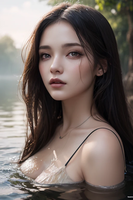 close up portrait of a cute woman (gldot) bathing in a river, reeds, (backlighting), realistic, masterpiece, highest quality, lens flare, shade, bloom, [[chromatic aberration]], by Jeremy Lipking, by Antonio J. Manzanedo, digital painting, Red lips, small breast, visible cleavage, shooting from below.