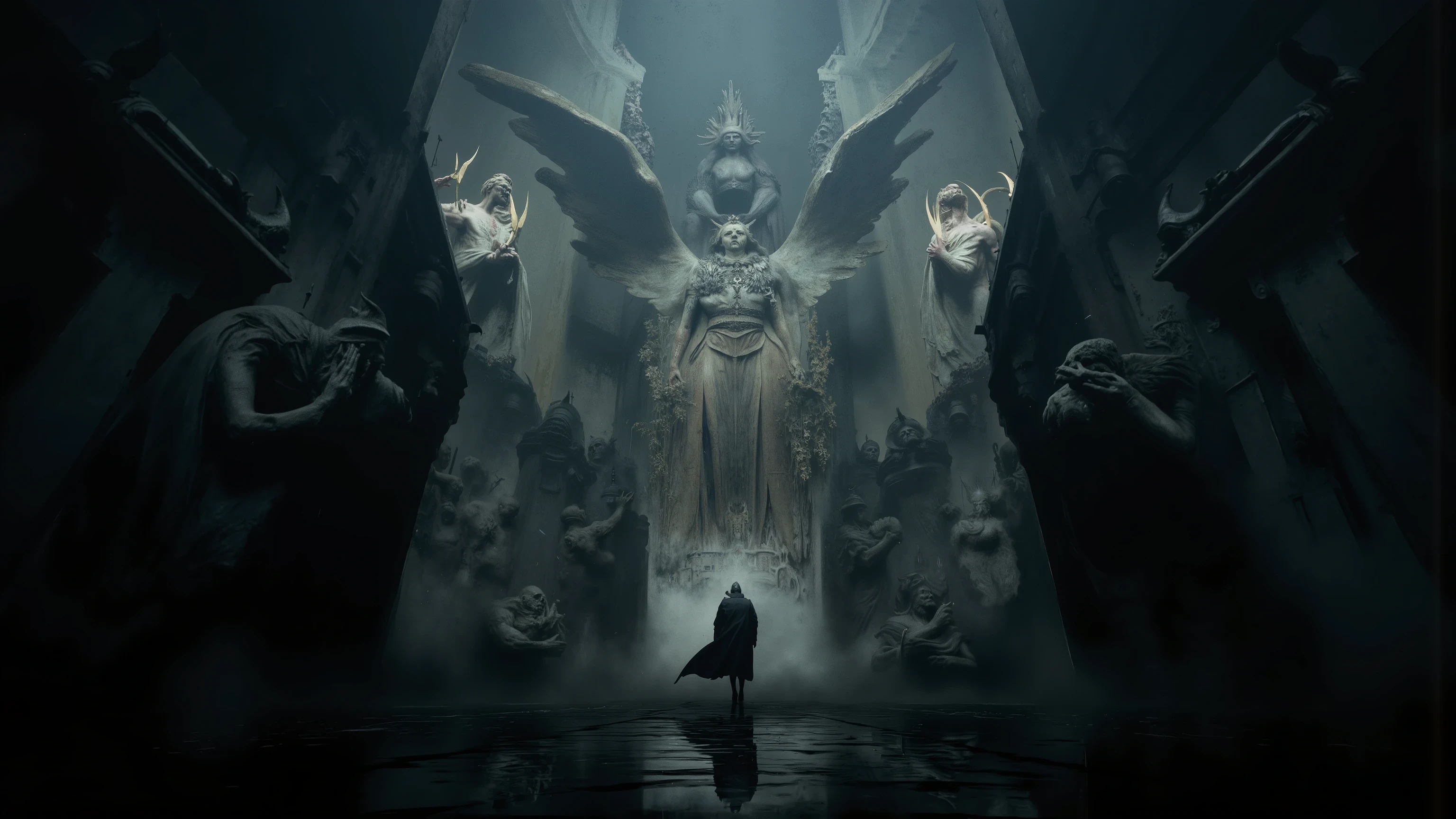 On a mysterious , is illuminated by the sky from an unseen source, There is a wall ,The mural on the wall depicts a silhouette standing in the center, Surrounded by huge, ornate, winged figures. surrounded by intricate buildings,Reminiscent of an otherworldly cathedral, The atmosphere is both awe-inspiring and ominous. x} These stately figures hold radiant luminous symbols in their hands,,on the body creates a sense of depth and perspective, Dark Tones,Film composition ,Wide-angle composition,Movie lighting ,Art by Piotr Jabłońsrk4RT,Billie Eilish