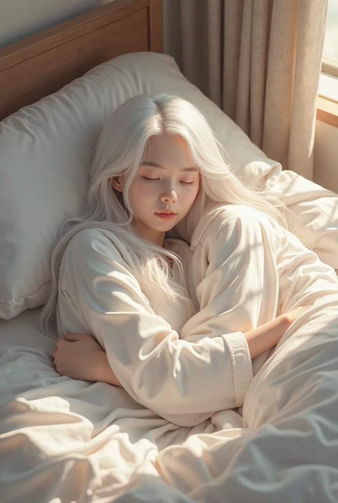 a 22 year old anime girl with white hair and white dress while sleeping with a position of a fetus style. side view while hugging knees.