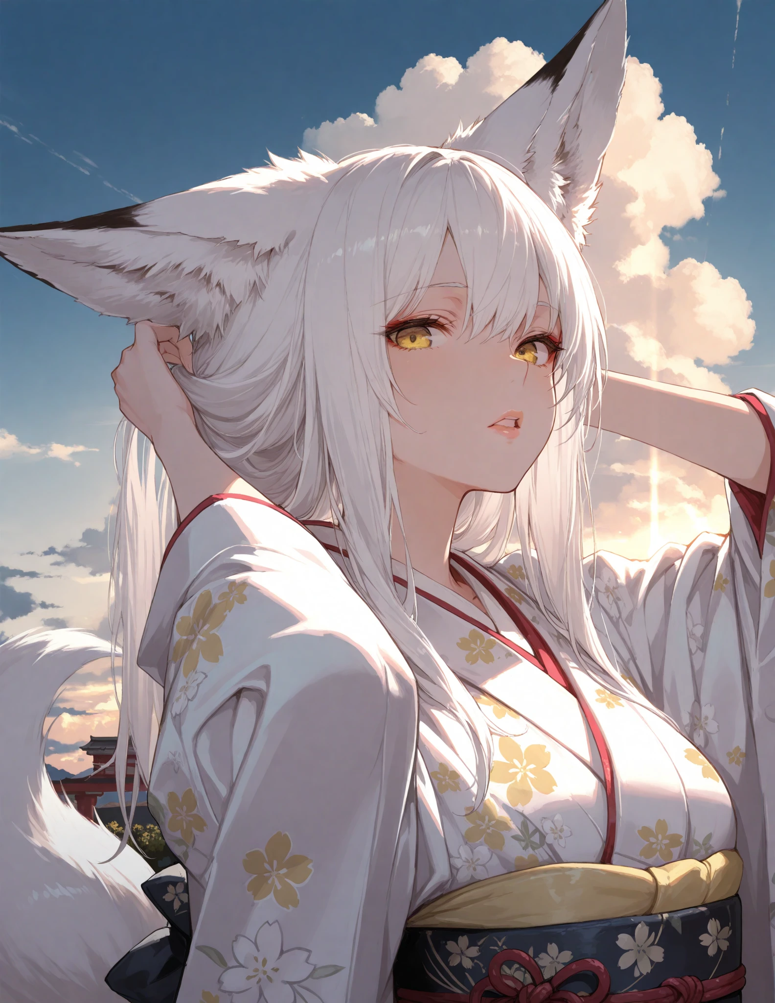 a chic, Fox tail, sky, white hair, Long Hair, animal ears, Masterpiece, yellow eyes, narrow, opened lips, looking at the viewer, kimono, floral print, outdoor, portrait, arms behind the head,  adjusting the hair, cloud, volumetric lighting,