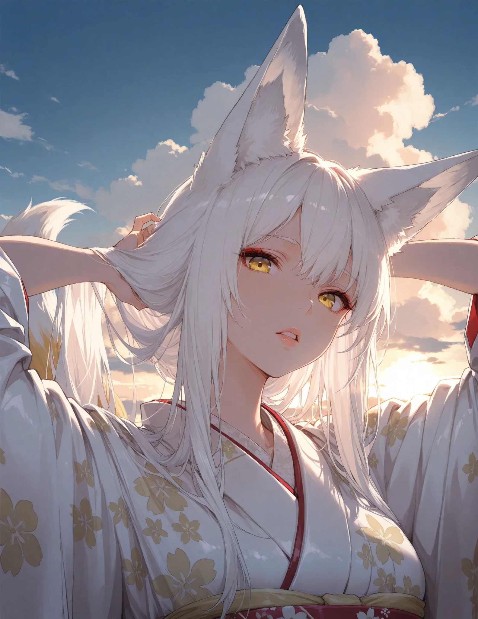 a chic, Fox tail, sky, white hair, Long Hair, animal ears, Masterpiece, yellow eyes, narrow, opened lips, looking at the viewer, kimono, floral print, outdoor, portrait, arms behind the head,  adjusting the hair, cloud, volumetric lighting,