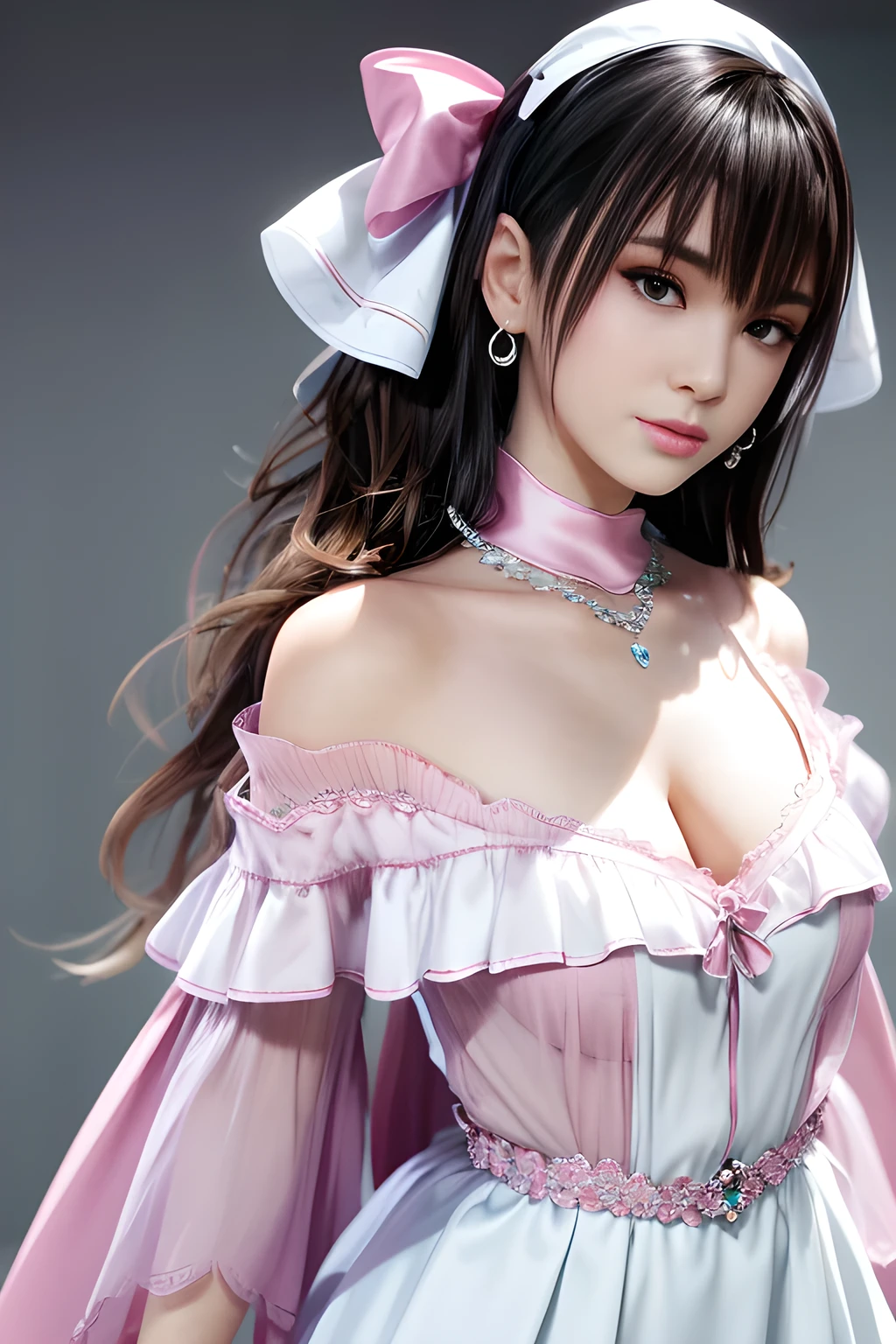 long shot,panorama,nighttime,(1girl),akiryo-mai ,Necklaces, earrings,Brownish red hair,Shy, blushing,see-through,(Pink Mini Lace Dress:1.6),(sweat:1.25), (Rose-tattoos :1.2) ,(((solo))),depth of field,(Masterpiece:1.5),(best quality:1.4),extremely detailed ,3D,Cinema-4D , 8k,Photorealistic ,( Charming female body), (gigantic breasts),Facing the camera, Pink lips,(((Finger details))),Subject centered,(((Extra hands))), (((extra legs))),