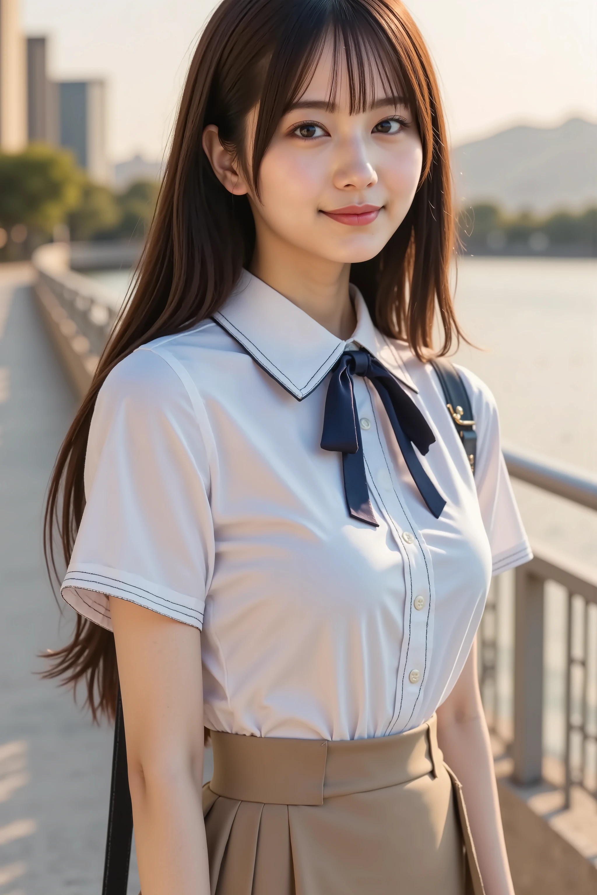 haruka, firm breast, by adjusting the framing so the subject's full head is visible within the composition, with the crop showing only from just above the bust to slightly above the top of the head. Ensure there is a comfortable amount of background space above the head to establish spatial context. A polished and charming school-inspired outfit composed of a short-sleeved, crisp white blouse paired with a flared skirt. The blouse features a button-down front with thin navy piping along the placket and sleeves, adding sharp definition to the soft look. The cotton fabric has a smooth, lightly structured texture that holds its shape, creating clean lines. A large navy ribbon is tied at the collar, forming a neat bow that adds contrast against the pale fabric. The blouse is tucked into a high-waisted khaki skirt that flares into pressed pleats. The skirt has a matte finish and firm structure, allowing the folds to retain their crisp angles. Two vertical rows of brass buttons run along the front, reinforcing the uniform-like theme. The waist is cinched, emphasizing the silhouette created by the fitted blouse and skirt. A slim black crossbody bag with a glossy leather finish hangs from her shoulder, its surface catching the light. Her hair is styled into twin ponytails, secured with small ties. Loose strands frame her face, shaped by the breeze. The background depicts a riverside promenade during sunset. Warm golden light glints off the calm water and nearby stone tiles. Modern buildings line the opposite bank, silhouetted by the fading light. In the distance, tree-covered mountains rise into a sky painted with tones of peach, lavender, and blue. The walkway is paved with pale stone and bordered by short rails. Long shadows stretch forward, adding depth and a sense of time. A gentle breeze is suggested by ripples on the river and the soft flutter of her outfit. The setting blends natural light, still water, and simple architecture, reinforcing a peaceful, early evening m