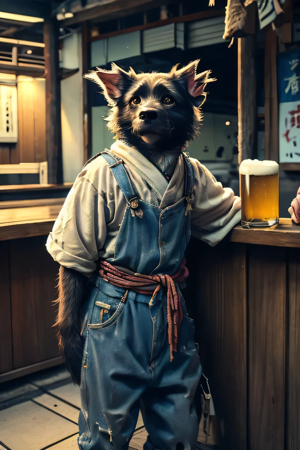 old black dog is drinking beer at the japanese bar counter