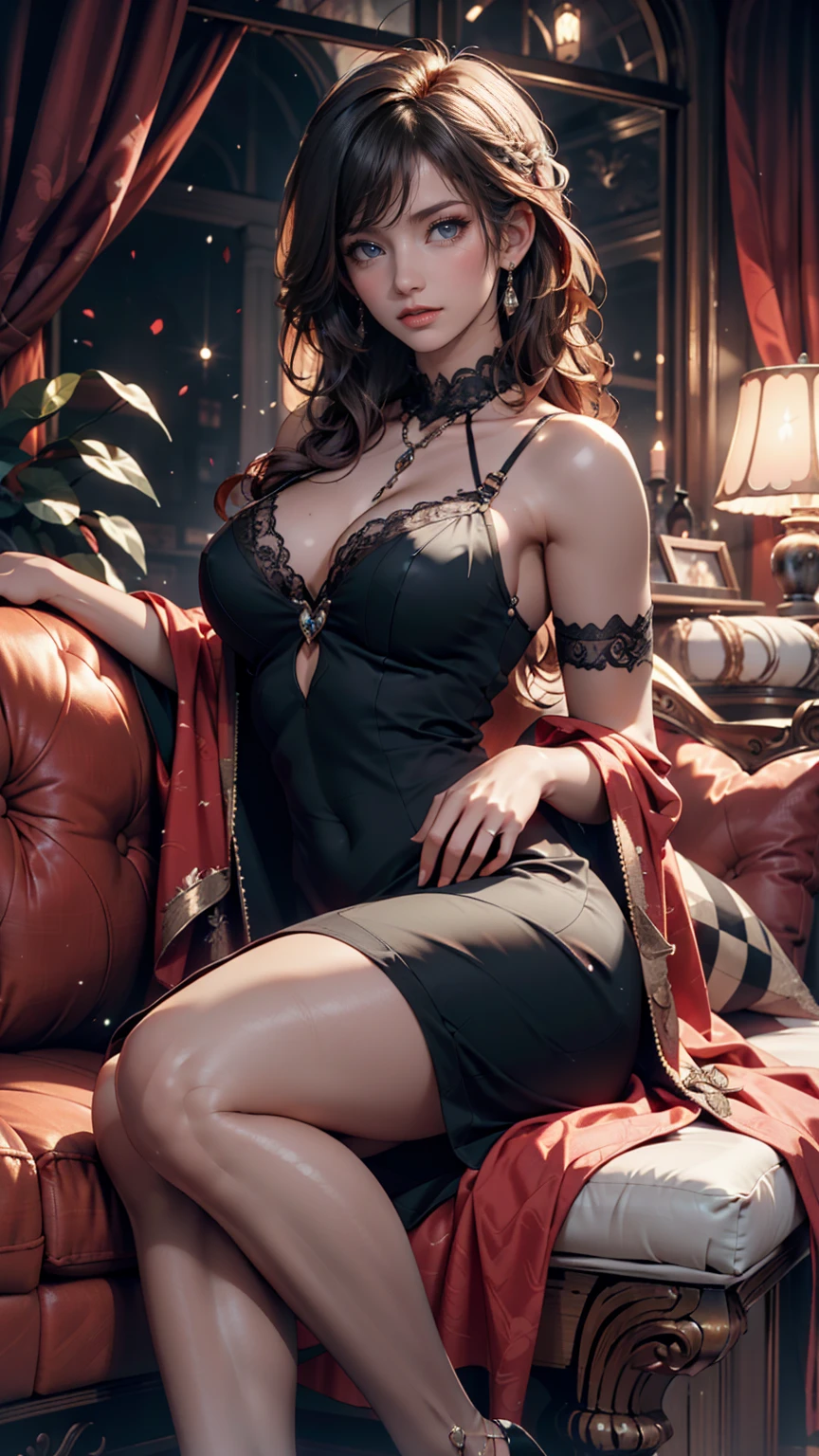 24-year-old woman、long hair、Straight Hair、Indigo Hair、smile、Sexy proportions、Sexy、Narrow waist、Wear accessories on your wrist、Long eyelashes((longeyelashes))、hair band((hair ribbon))、Wear a sleeveless, high-necked dress、Wear high socks、Wear stiletto heels、Located in a luxurious building、smile、Hold both hands and place them on your cheeks(Cutesy pose)
