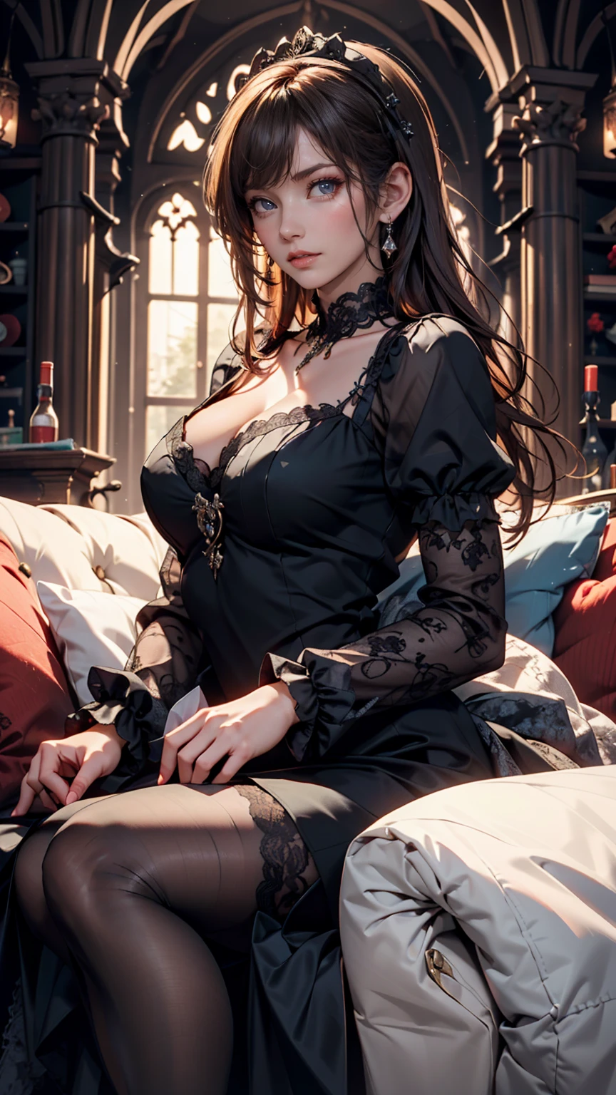 Generate a tender and romantic digital illustrated of hermione granger with (very large breast:1,9), showing her cleaveage, sideboobs, underboobs and thighs, wearing hogwarts uniform, detailed luxury strapless black bra, detailed lingerie, detailed garter belt, lying on bed upside down and spread her legs, showing her crotch, Capture the warmth of her body as she holding her chest, paying attention to the details in her attire and surroundings. Create an atmosphere of intimacy and affection, portraying the beauty of her breast,((cg realistic)),(raytracing),(8k resolution),(RAW photo),(lens glare),(sharp eye)