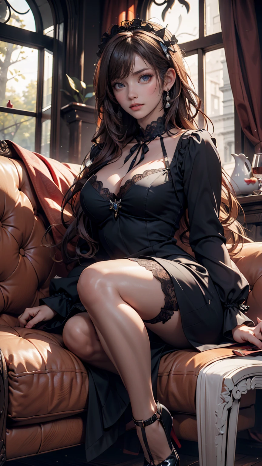 Howard Chandler Christy, photorealistic, highly detailed, ray traced, rendered, Masterpiece, extremely detailed, young pretty woman, black hair, green eyes, maid dress, fishnet tights, bare breasts, puffy nipple, small breasts, sexual suggestive, breasts hugging, sitting on sofa, full body
