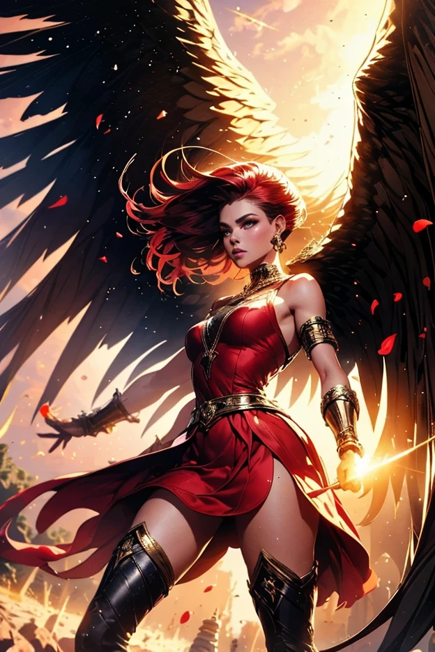 "Imagine a great warrior with wings and voluminous red hair descending from the sky like a comet, tearing the ground upon impact. The image has an impact effect and quality 8K, with a front viewing angle of 0º and a 75% body ratio from a low perspective to high. Her massive wings resemble those of a powerful and colossal phoenix — a true angel fallen from heaven. The scene takes place on Mount Olympus. At the moment of the first impact, miles of rose petals scattered across the floor. The environment is in the late afternoon, with the sun on the horizon shining like a star, And thunder, spectacular power begins to fall from the sky of this great warrior. She wears a short , small pink dress. All of the above information is completely and totally unchanged."