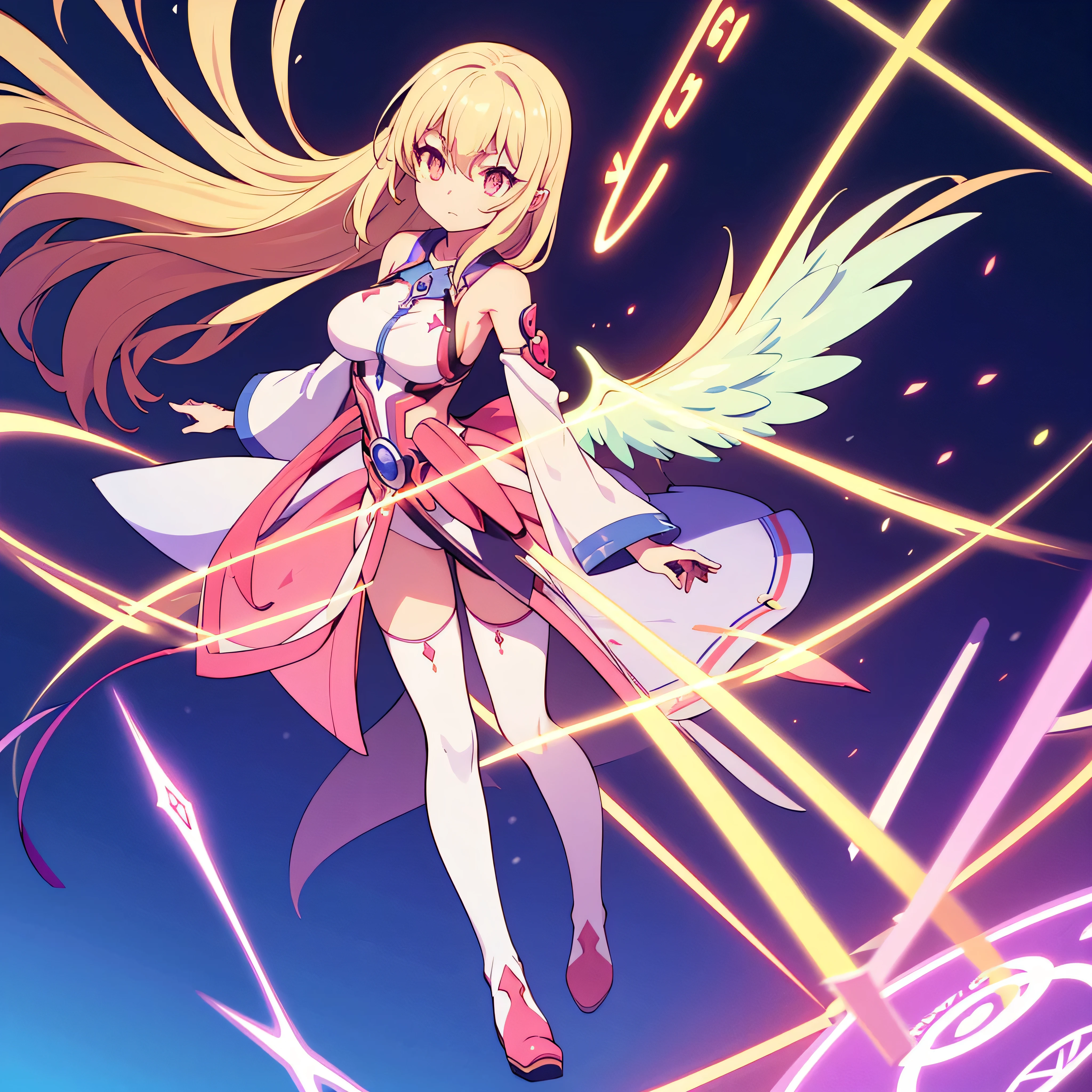 original female Flügel character from No Game No Life universe, full-body, elegant and powerful, long fluffy gradient hair (pink to blonde), golden glowing eyes with slit pupils, large geometric magic wings made of circuits and light, wearing futuristic and revealing Flügel-style outfit with high collar, detached sleeves, glowing runes, and thigh-high boots, levitating with open book and glowing spell circle in hand, confident expression, background of a glowing floating library in the sky, cinematic lighting, anime-style shading, ultra detail, masterpiece, 8k