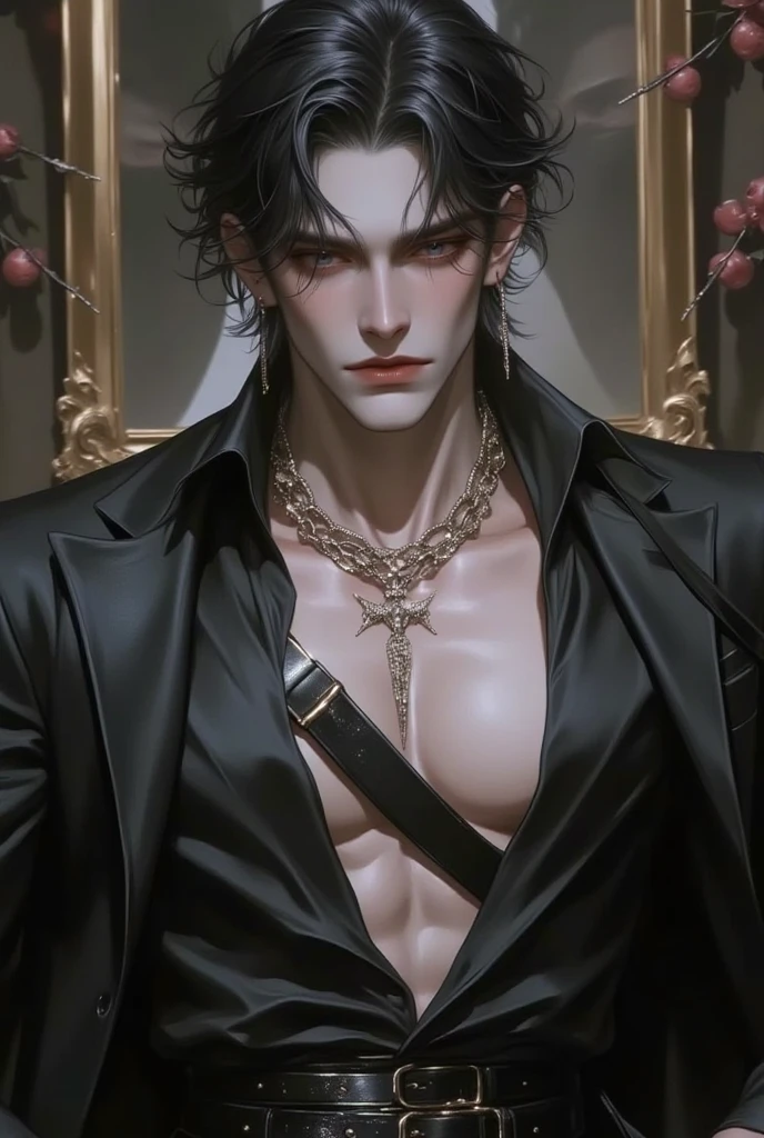 Male, pale, gothic boy, mysterious, slim, hunchback, creepy, hair over his eyes, eyebags, black hair, blood, blind, goth, sad, emo