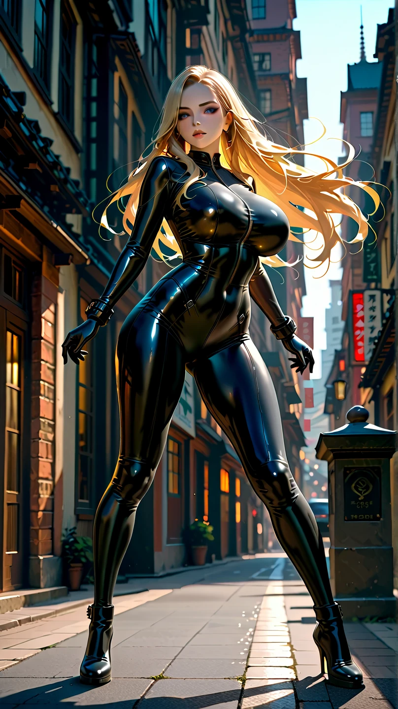 hyperrealistic image of the highest quality, The perfect masterpiece, perfect work of art, 8k, a beautiful young woman, she is a princess of a distant planet, long hair, blonde hair, dark green brown eyes, upturned nose, light skin color, long eyelashes, full lips, full body, big breasts, wears black lingerie, wears long black stockings, is standing looking out the window at a futuristic cyberpunk city, it is night time, nearby planets can be seen in the sky, Annie Leibovitz style photography, ilya kuvshinov style, soft light, studio light, intricate details), majestic, aesthetic