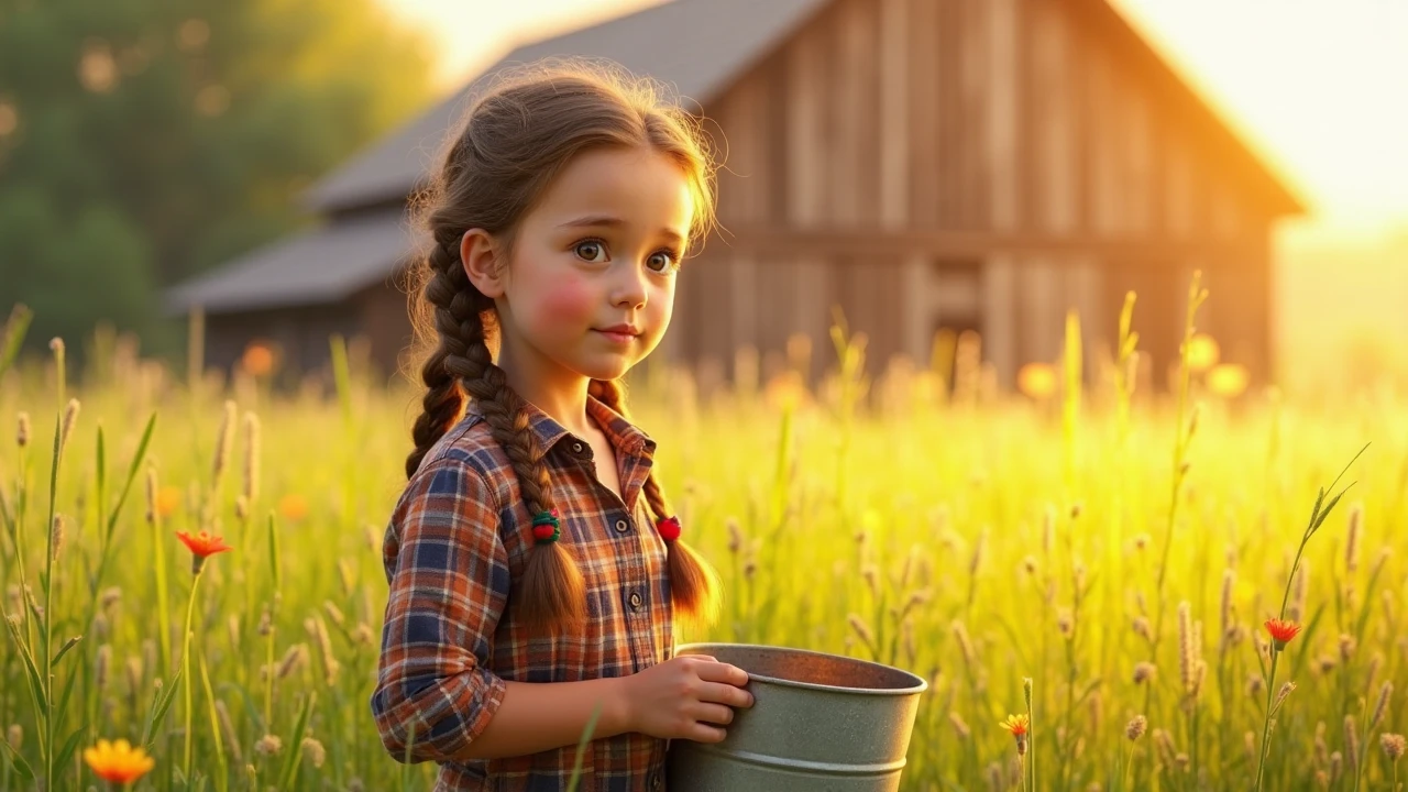 Russian style, children girl, portrait, long red hair of braids with hat, farmer style, with rolls of hay and wheat and horse, barns, apples.