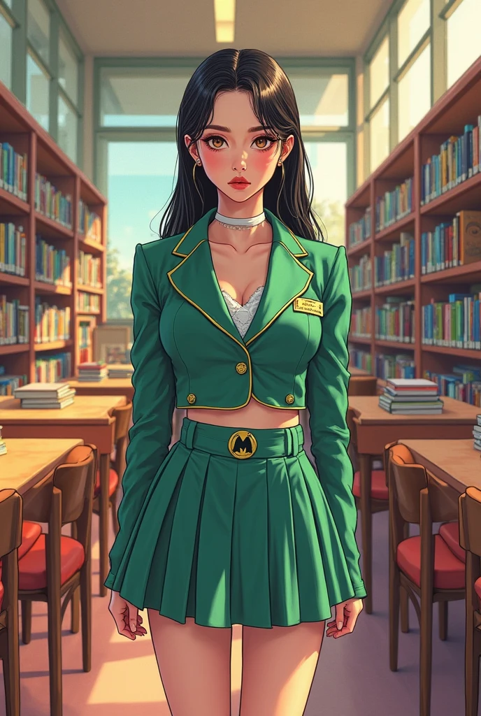 glowing green eyes, green sweater, lift up sweater, holding her sweater up, red plaid skirt, long skirt, red bra, lustrous dark skin, red hair, glasses, library girl, skinny long legs, surrounded by bookshelves, view from below