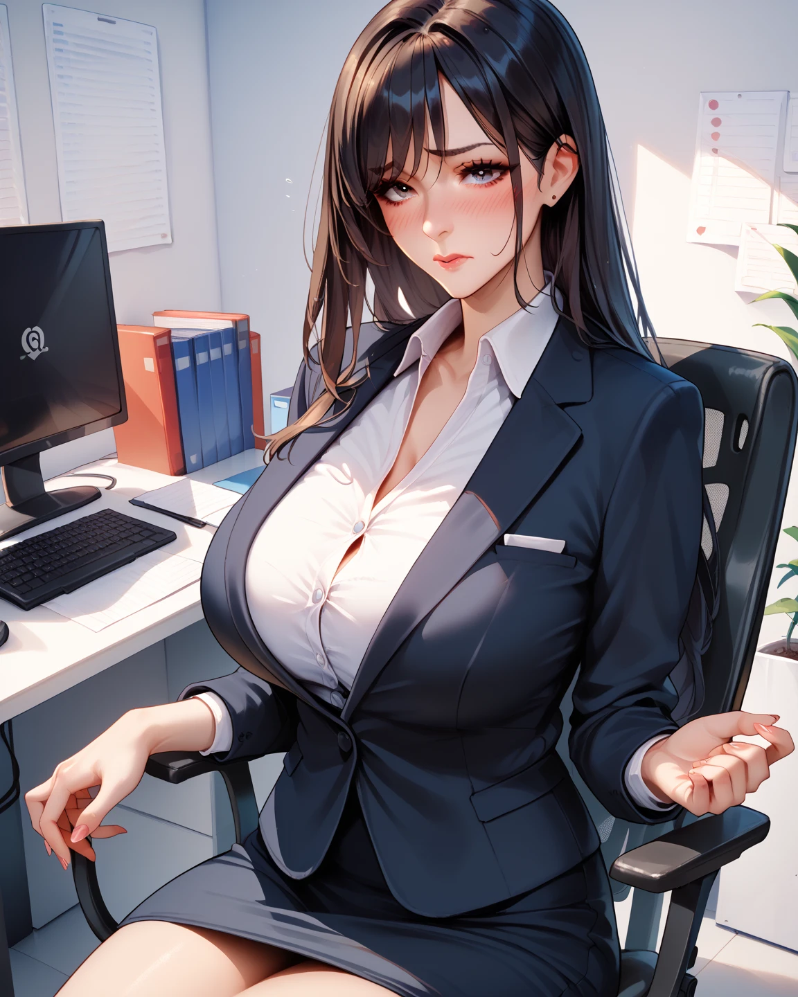 japanese, solo, large breasts, brown hair, bangs, pout, (natural make:1.2), dynamic angle, high res, (photo realistic:1.2), (highly detailed:1.1), desk, Tight skirt business suit, office chair, (computer), detail brassiere, delicate background, bokeh, professional lighting, physically-based rendering, (cowboy shot), cleavage,