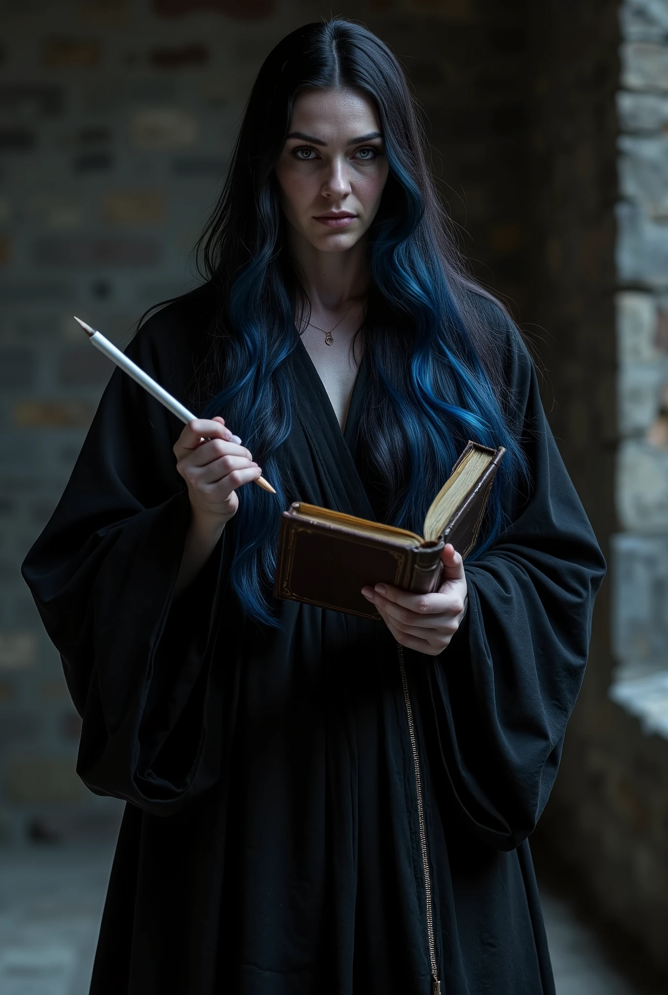 photorrealistic, closer look, beautiful noble drow female, front view, medieval instance, gorgeous, with long and ragged black dress, black almost blue thick hair, dark gray dungeon room, gray scenario, holding a white feather pencil with one hand and a leather book with the other hand, photorealistic, 8k, rpg based, lit sunlight, perfect, european based face details, thick body, facing the camera, sad look, closer to the face