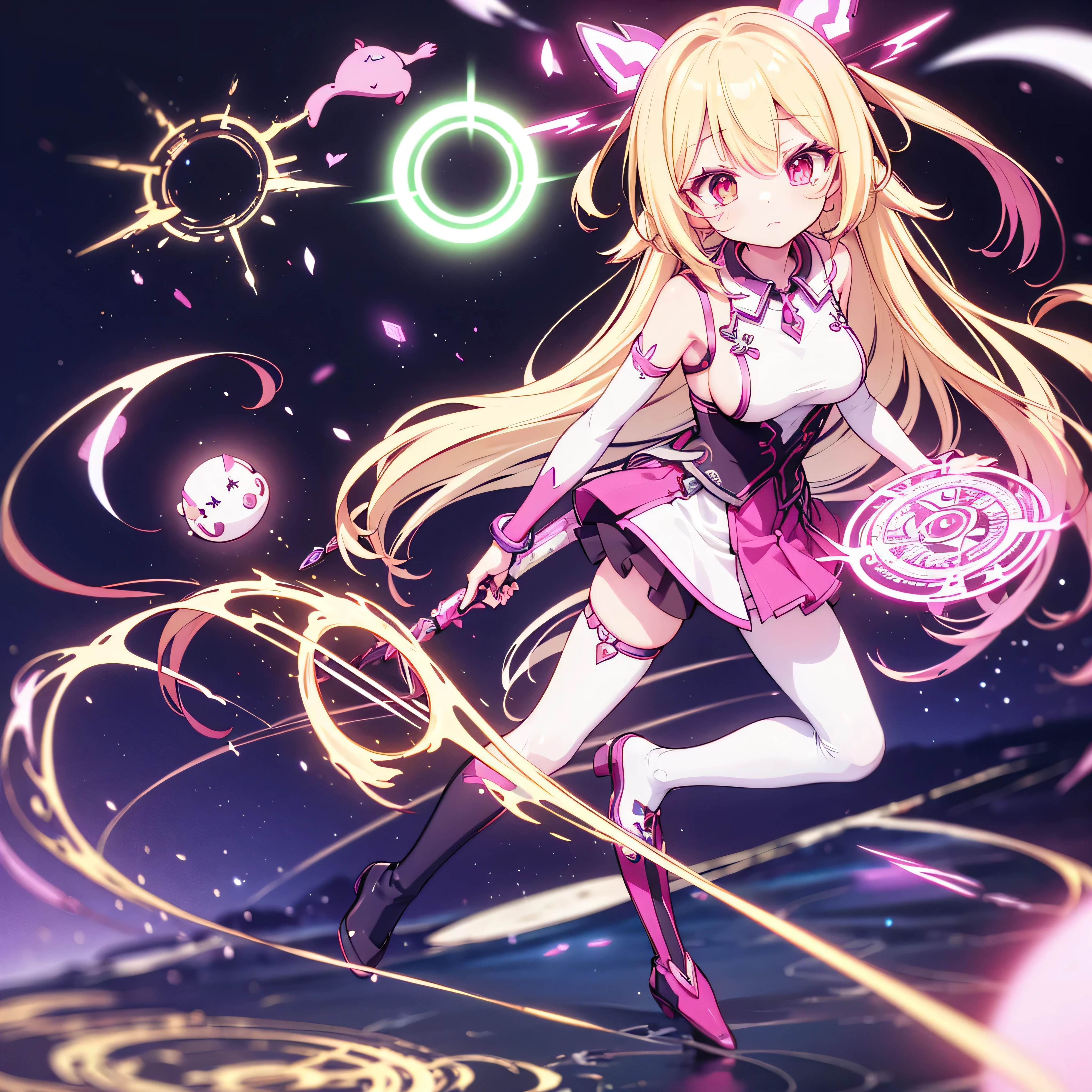 original female Flügel character from No Game No Life universe, full-body, elegant and powerful, long fluffy gradient hair (pink to blonde), golden glowing eyes with slit pupils, large geometric magic wings made of circuits and light, wearing futuristic and revealing Flügel-style outfit with high collar, detached sleeves, glowing runes, and thigh-high boots, levitating with open book and glowing spell circle in hand, confident expression, background of a glowing floating library in the sky, cinematic lighting, anime-style shading, ultra detail, masterpiece, 8k
