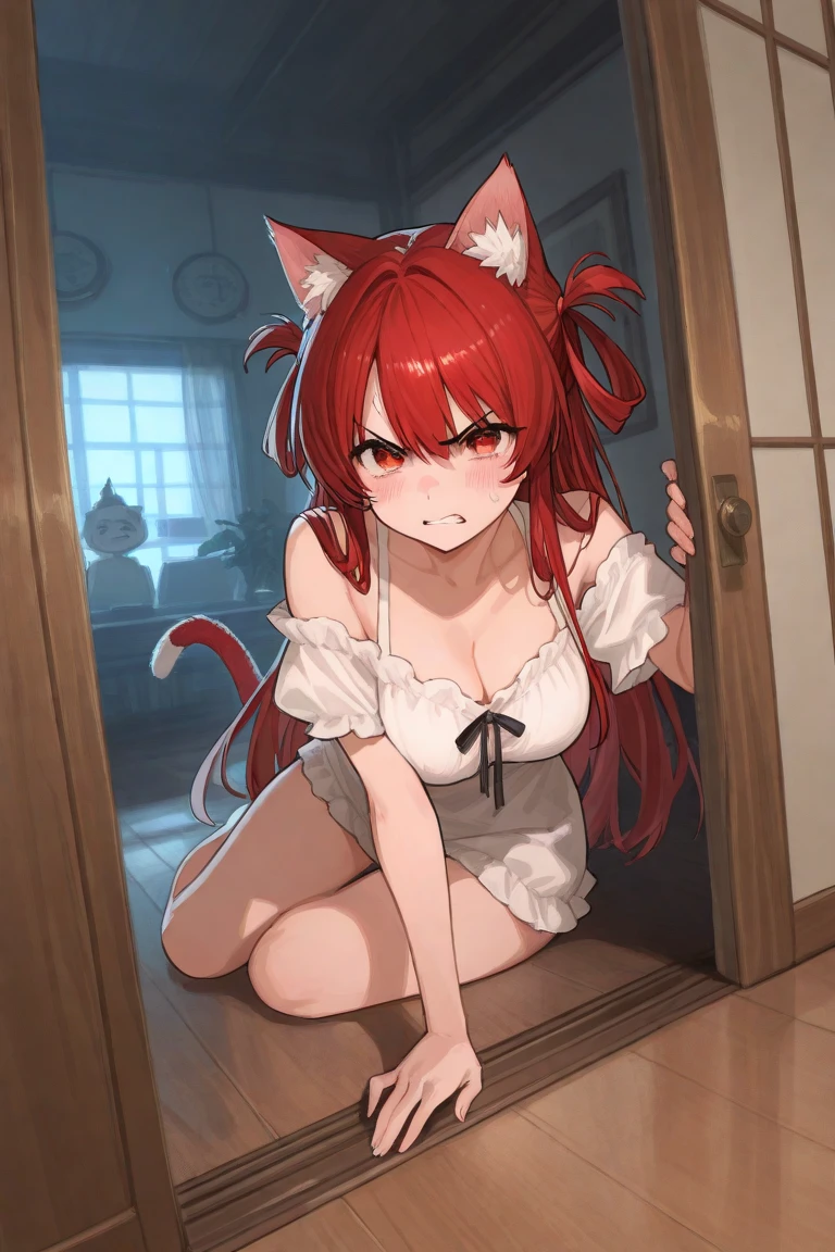 Super high resolution, detailed background, Kemoshota, red eyes, drooling, innocent kindergarten boy, star pupil in eyes, waiting dinner, translucent apron, looking back, tail,