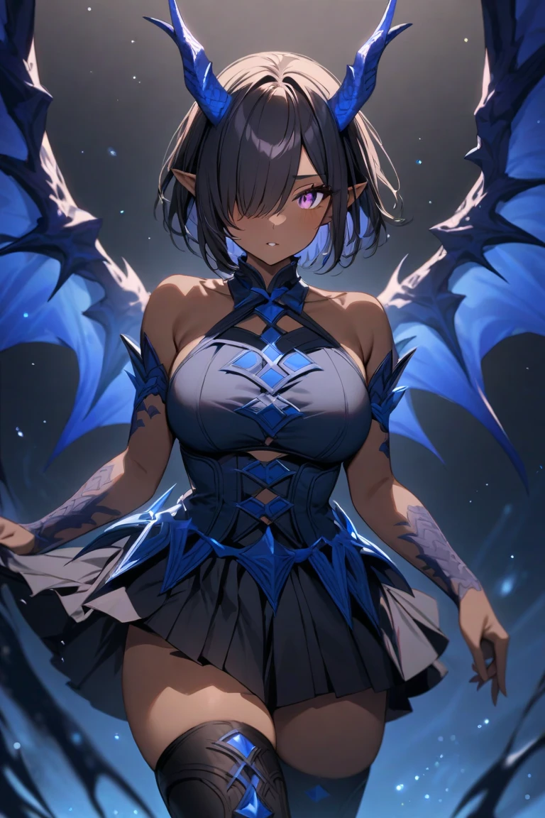 best quality, (masterpiece:1.3), absurdres, highres,16k, ultra high res, official art, illustration,extremely detailed, 1girl, solo, full body, 20yo,
delicate lines tailed face, (medium hair:1.9), (side swept bangs:1.7), (beautiful (aquamarine blue) hair:1.2), (shiny hair:1.2), (beautiful (light-purple) eyes:1.2), (shiny eyes:1.2), (medium breasts), (gleaming skin:1.4),
(cowboy shot:1.5), (from above:1.5)
standing, smile, ((devil costume:1.2), (devil horns:1.2), (black wings:1.2), (devil tail:1.2)),
(black theme:1.5), (dark theme:1.5), (dark blue light:1.5)
