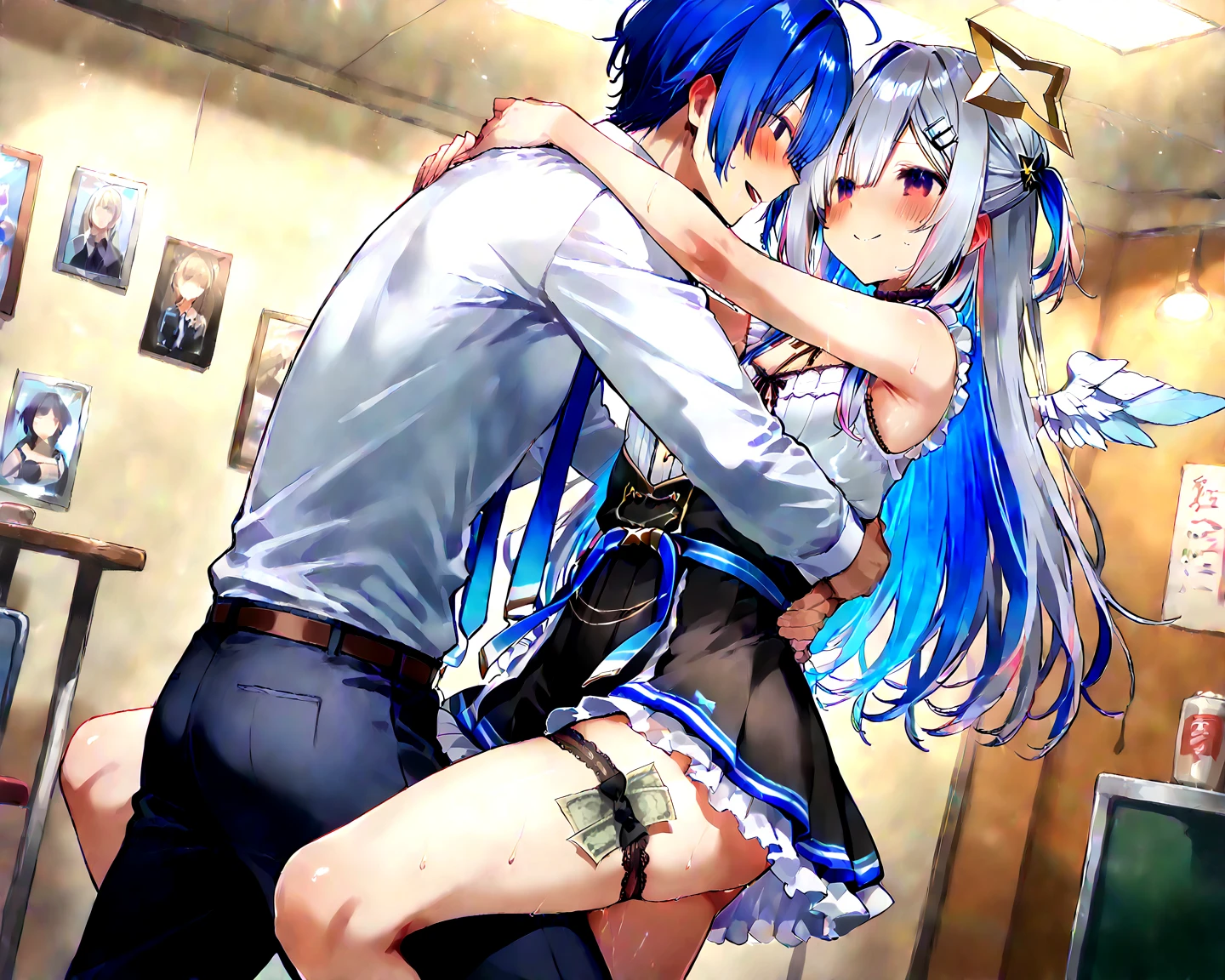 (masterpiece、top-quality、hight resolution), In a dimly lit hotel room, a man sits on the edge of the bed, looking shocked and uncomfortable. Standing in front of him is a woman dressed as an escort, who he quickly recognizes as the delinquent girl who used to bully him in school. Her expression is a mix of surprise and amusement as she realizes who he is. She stands with one hand on her hip and a teasing smile on her face, clearly enjoying his discomfort. The room is simple, with a bed, nightstand, and dim lighting, creating an intimate yet tense atmosphere. The focus is on their facial expressions and body language, highlighting the awkward and unexpected reunion. Twin_Turbo_Umamusume, aqua hair, twintails, heterochromia, purple eyes, blue eyes, sharp teeth,hores tails, nsfw, faceless male