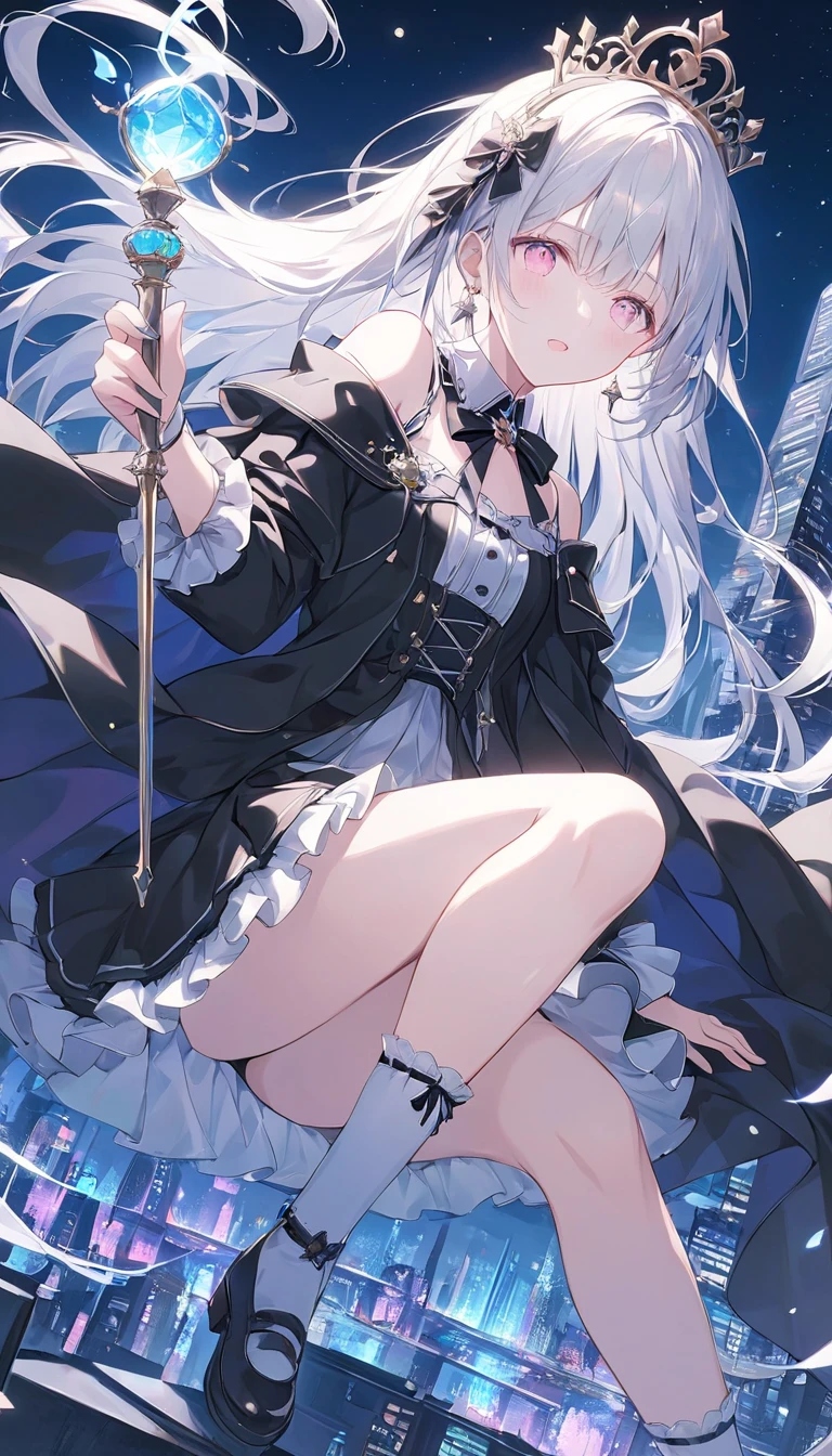 Long, thin legs,black heels,rained,It's slightly dark,Holding a hand power of about 1.9 meters,The hand is set with a huge sky blue gemstone with a diameter of about thirty centimeters,Height one meter seventy-five,About nineteen years old,Thin blue clothes,Get wet,White suspender stockings on the left leg,White knee-length stockings on the right leg