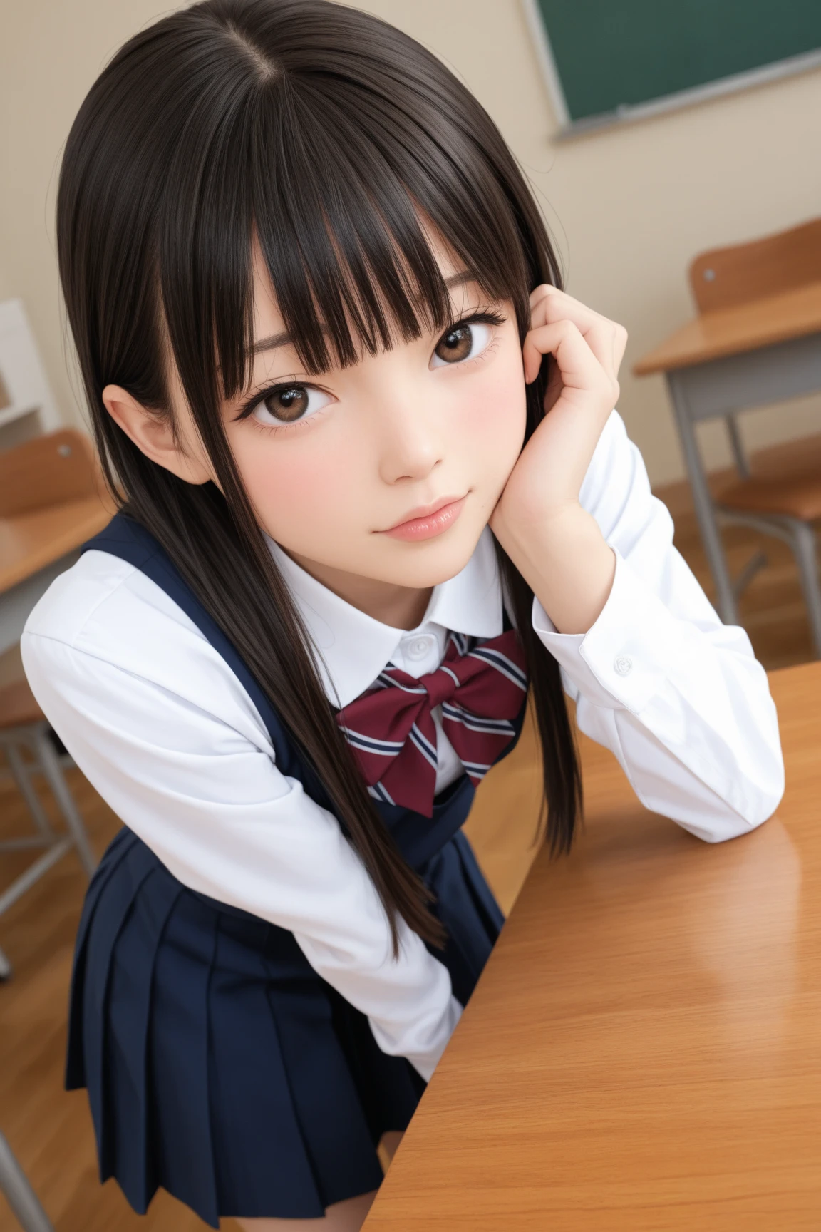 (absurdres:1.3), 8K, (detailed photograph:1.5), (detailed face and skin:1.3), (ultra high res:1.5), (photorealistic:1.5), symmetric clear eyes, well-groomed face, (ray tracing:1.3) ,1 girl, Japanese, high school girl, (wearing White Japanese high school uniform:1.3), (navy high school uniform:1.3), BREAK (presenting panties), (detailed light Pink silk panties:1.1), masterpiece, best quality, highly detailed, classroom, Black mideum straight hair,focus panty, cinematic lighting, (blushing:1.3), (Stain on panties:1.4), transparent clothes nipples