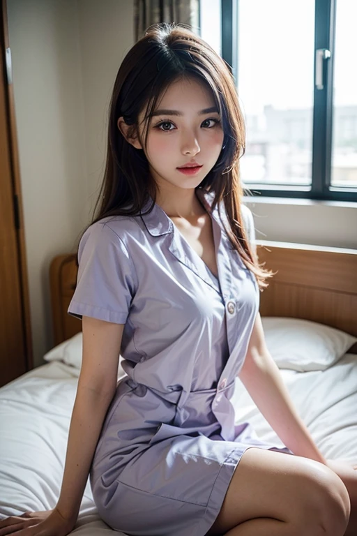 Expressiveh,
a cute and sexy Japanese woman spread on a bed, (unbuttoned long pink nurse dress:1.4), shirtspread, bedroom with closed blinds, 1girl, looking at viewer, straight-on, long hair, black hair, detailed eyes, big round brown eyes, perfect face, smiling, long and slender body, fair skin, pale skin, medium breasts, long legs, perfect feet,
skindentation, dramatic angle, unique perspective, unique angle, wide angle, pink panties, (detailed), (masterpiece:1.4), (best quality), photorealistic, ultrarealistic, detailed hair texture, Perfect proportion, Beautiful Face, accurate, Anatomically correct, Highly detailed face and skin texture