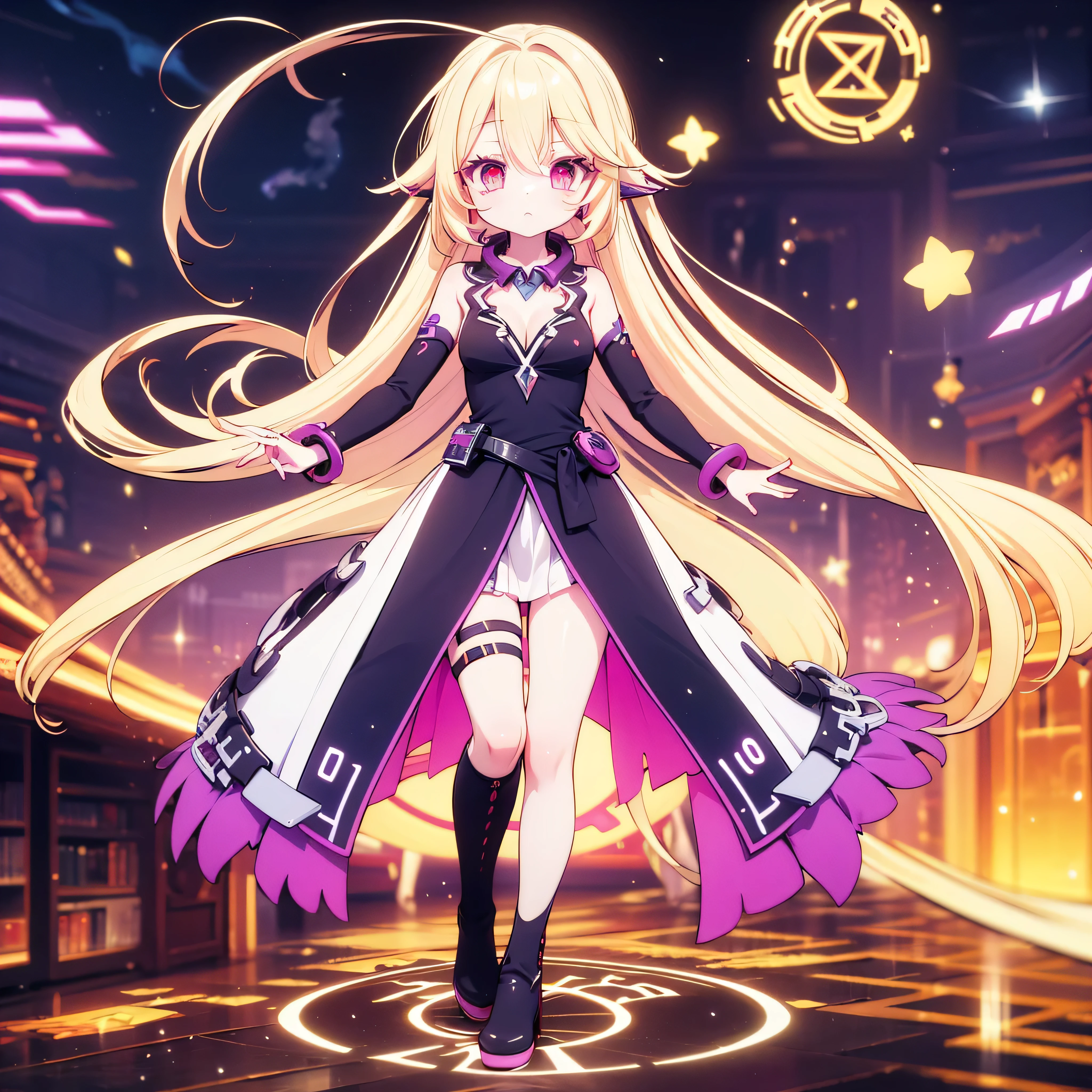 original female Flügel character from No Game No Life universe, full-body, elegant and powerful, long fluffy gradient hair (pink to blonde), golden glowing eyes with slit pupils, large geometric magic wings made of circuits and light, wearing futuristic and revealing Flügel-style outfit with high collar, detached sleeves, glowing runes, and thigh-high boots, levitating with open book and glowing spell circle in hand, confident expression, background of a glowing floating library in the sky, cinematic lighting, anime-style shading, ultra detail, masterpiece, 8k