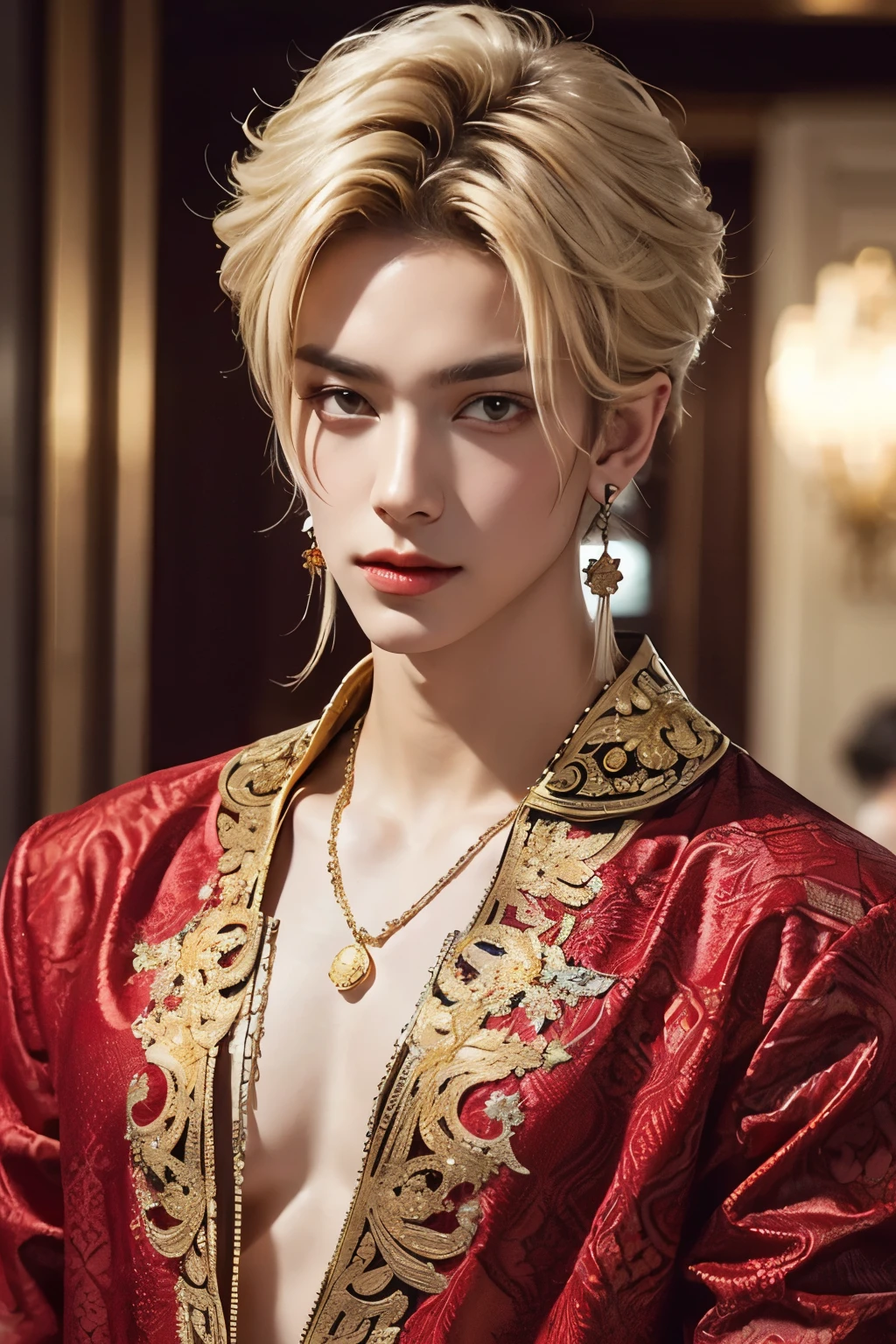 Prince Hanging Eyed with a very big golden eye((The blond prince with golden hanging eyes))A beautiful man with a very thin, smooth chin((前髪とgold mullet hairstyle))Is Prince Smirk the most beautiful boy((A very, very large golden hanging eye))Look at Viewer(beautiful, smooth, silky skin1The person is a 25-year-old prince)Very Luxurious Large Necklaces、very luxurious large red gemstone earrings(from above)Accurate and beautiful face ((red aristocrat fantasy costume with a luxurious detailed pattern))Very Luxurious Bangles(An aristocrat prince who closes his mouth)dynamic pose