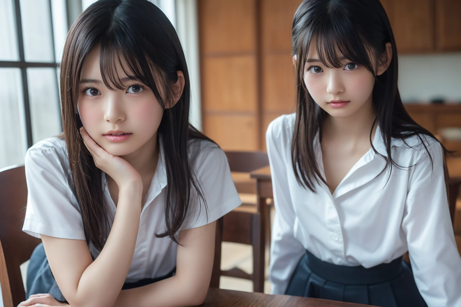 (masterpiece, highest quality:1.2), 8k, 12 year old girl, 85mm, official art, RAW photo, スーパースリムなスレンダーbeautiful girl,shy pose、 (紺の短いスカートをたくし上げると下Half bodyfull nude, I can see your crotch)、short sleeveの白シャツ、show me your ears、naked girl photoshoot、full nude, cute face, close, Half body, gardenia, beautiful girl, school uniform, thighs, short sleeve, stand on the station platform, looking at the viewer, no makeup, (troubled face), film grain, chromatic aberration, sharp focus, face light, clear lighting, Ten generations, detailed face, background bokeh, (dark red tie:1.1)、((((((two girls))))))、((((((2人のfull nude女子高生)))))