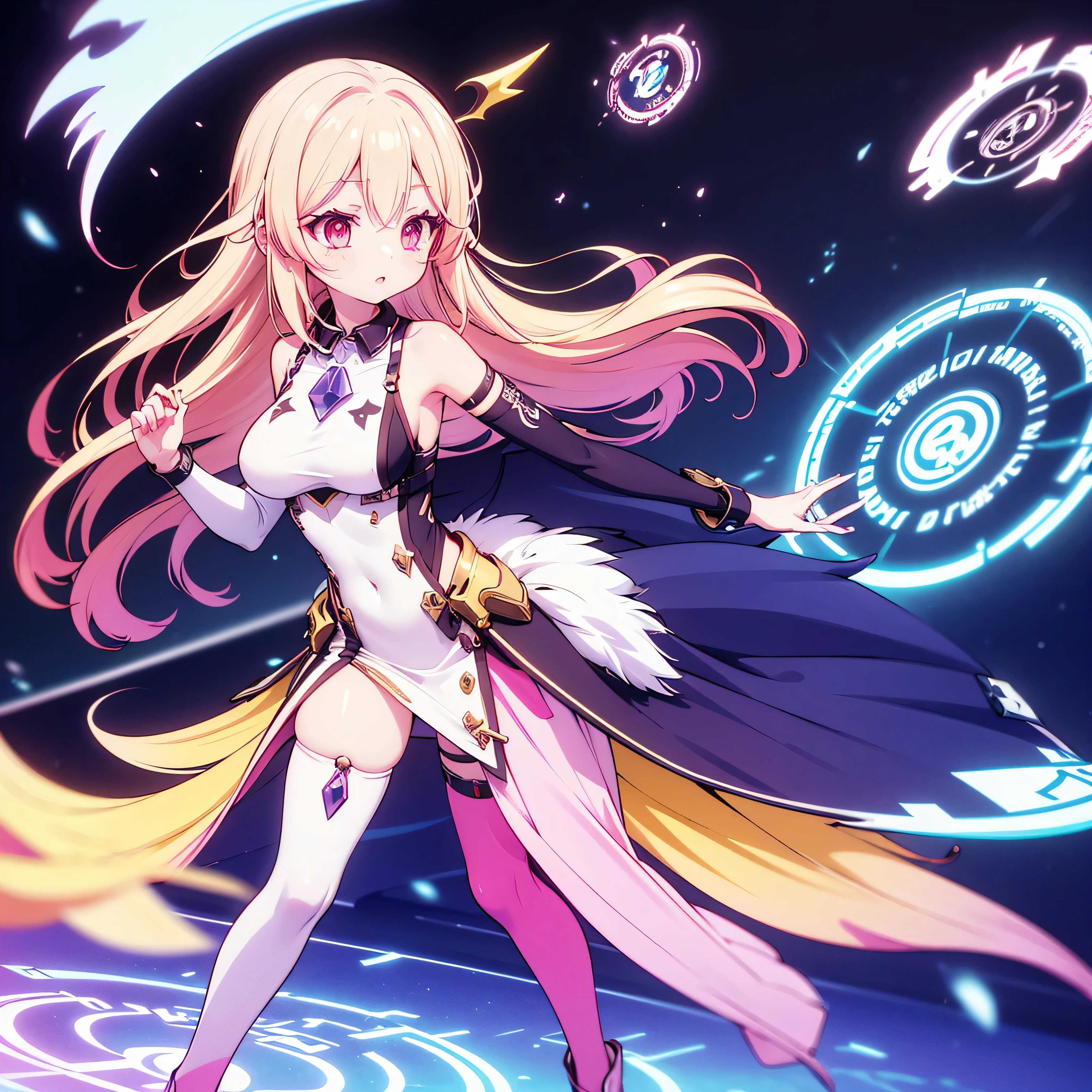 original female Flügel character from No Game No Life universe, full-body, elegant and powerful, long fluffy gradient hair (pink to blonde), golden glowing eyes with slit pupils, large geometric magic wings made of circuits and light, wearing futuristic and revealing Flügel-style outfit with high collar, detached sleeves, glowing runes, and thigh-high boots, levitating with open book and glowing spell circle in hand, confident expression, background of a glowing floating library in the sky, cinematic lighting, anime-style shading, ultra detail, masterpiece, 8k