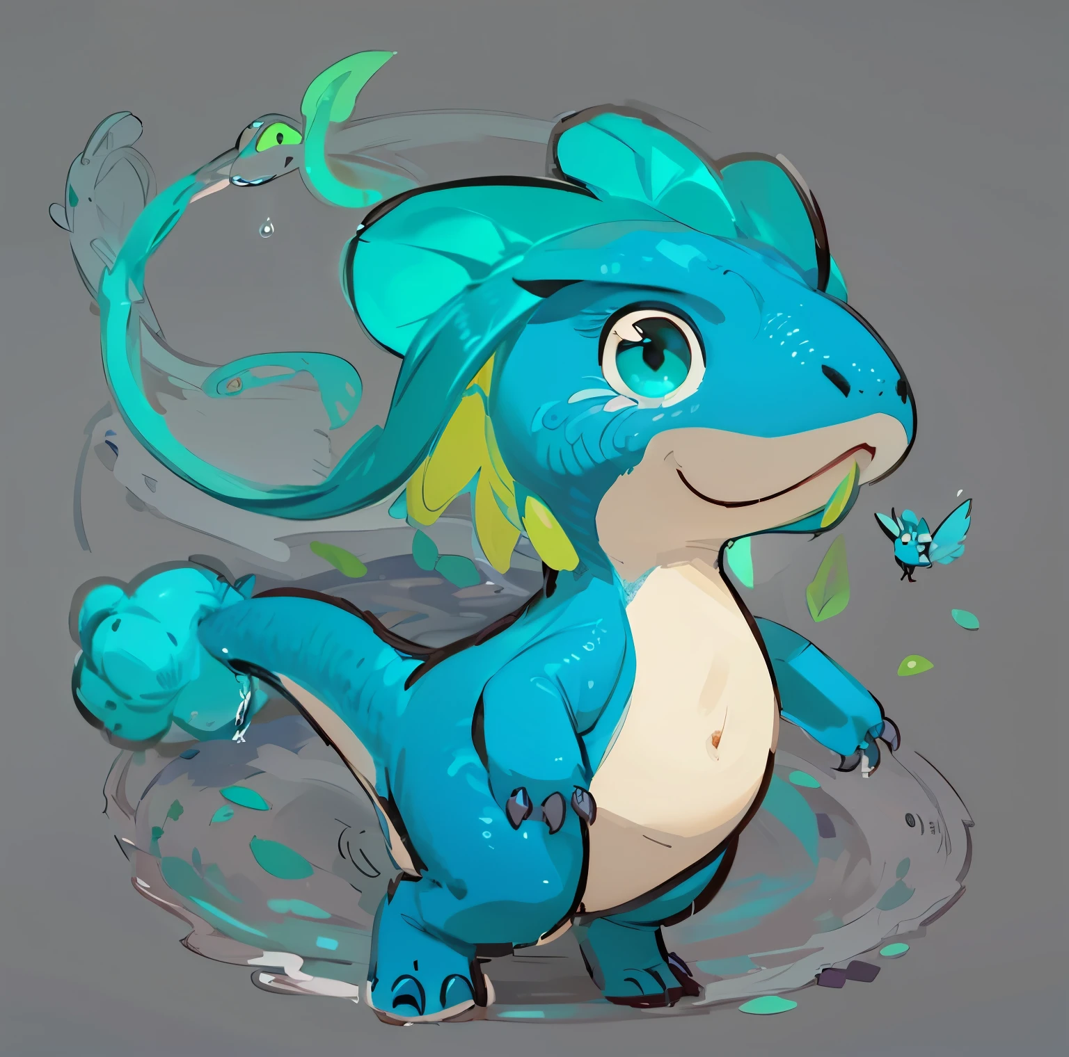 A cute Q version of the water dragon,Dangling,has leaf wings,Turquoise crown,has two lovely teardrop-like tentacles on its head,two front claws raised,The tail has a tail made up of small water balls