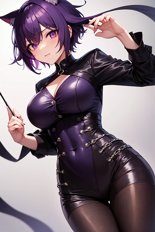 A beautiful and sexy woman with short purple hair, busty figure, youthful face, wearing a black police hat, a red necktie, a tight low-cut purple dress, purple leather gloves, and black leather boots, all in an anime style.