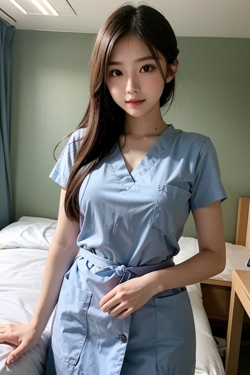 Woman in light blue shirt、laying down on the bed、Take off your shirt halfway、thighs thighs thighs thighs、sitted、Spread your legs、Hands in the crotch、 M-shaped legs、nurse girl, in 8K, healthcare worker, Surgery IV, Nurse,, Hospital room、hyper realstic, (doctor)、((blondehair))、Highly detailed facial and skin texture、A detailed eye、二重まぶた、((top-quality、8K、masterpiece:1.3)