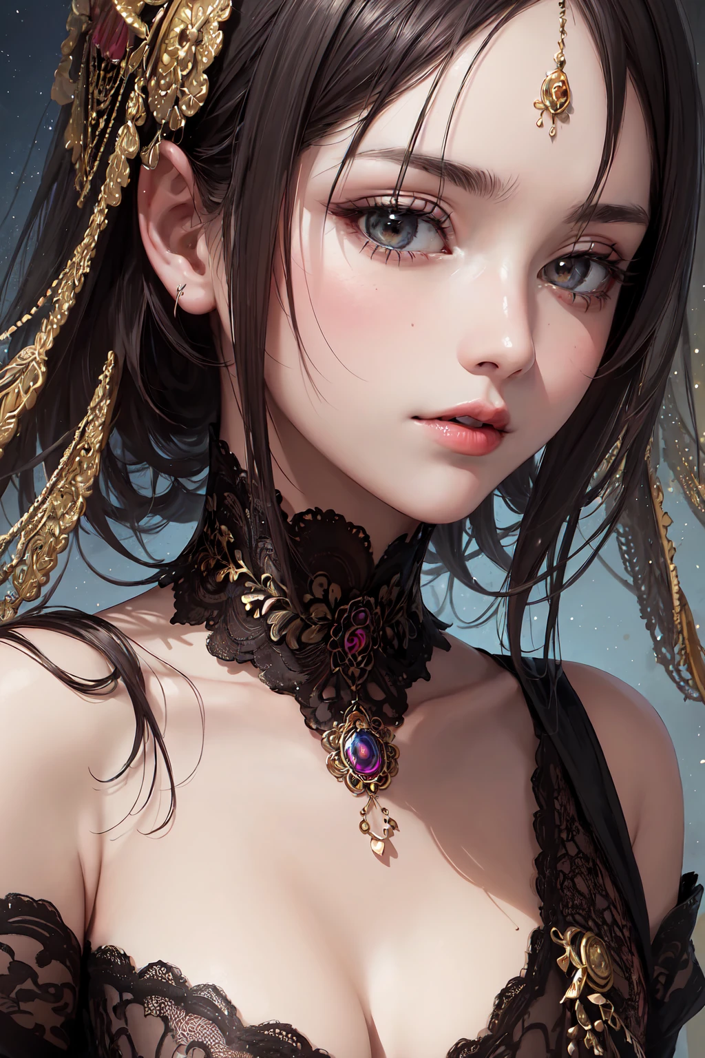 tmasterpiece,Best quality at best,ultra - detailed,8K,Detailed light,detailed shadow,primitive,(Detailed skins),(Fidelity:1.2),1girll,the face,Pilyeon,Black nails,jewely,Long hair,looking at viewert,choker necklace,choker necklace，White background，inner strength，Keep one's mouth shut，Gray eye，nail polish，simplebackground，brunette color hair，ear piercings，Black necklace，ssmile，eyeslashes，cparted lips，By bangs，bangle，bead，Pedras preciosas，耳Nipple Ring, finger nails，Bust，v neck，（Large breasts：1.1）