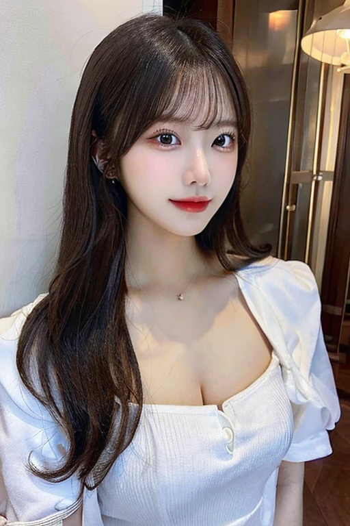 table top, highest quality, shape, Super detailed, finely, High resolution, 8k wallpaper, 完璧なダイナミックな構shape, beautiful and detailed eyes, classy and gorgeous winter dress,straight hair,,natural color lip,smile,20 year old girl、cute、Sexy looking at camera,Always blur the background,perfect and beautiful face,Take only the face,beautiful and detailed face、slim face and style、Big eyes、elegant face、beautiful and detailed face、KPOP idol face、japan idol face、Big eyes、Party venue on the top floor of a high-rise hotel、blur background、Take a full body photo