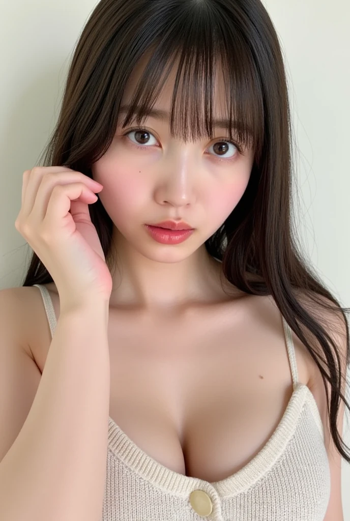 very cute, 1 Korean Girl, Height 150 cm, single, Cute face, beautiful eyes, Lie on your back., Show her vagina, multicolored hair, bare, sexy, Show her., hand holding her hair.