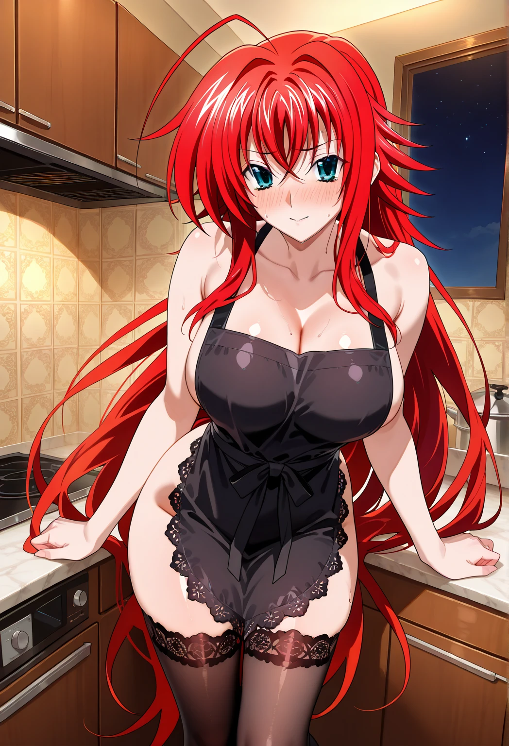 ((best quality)), bokeh BREAK (((1girl, rias gremory))), ((long hair, red hair, ahoge)), ((blue eyes)), ((smiling, blushing)), ((large breasts, beautiful breasts shape)), ((wide hips, thighs)), BREAK ((standing in the kitchen)), BREAK ((apron,naked apron)),